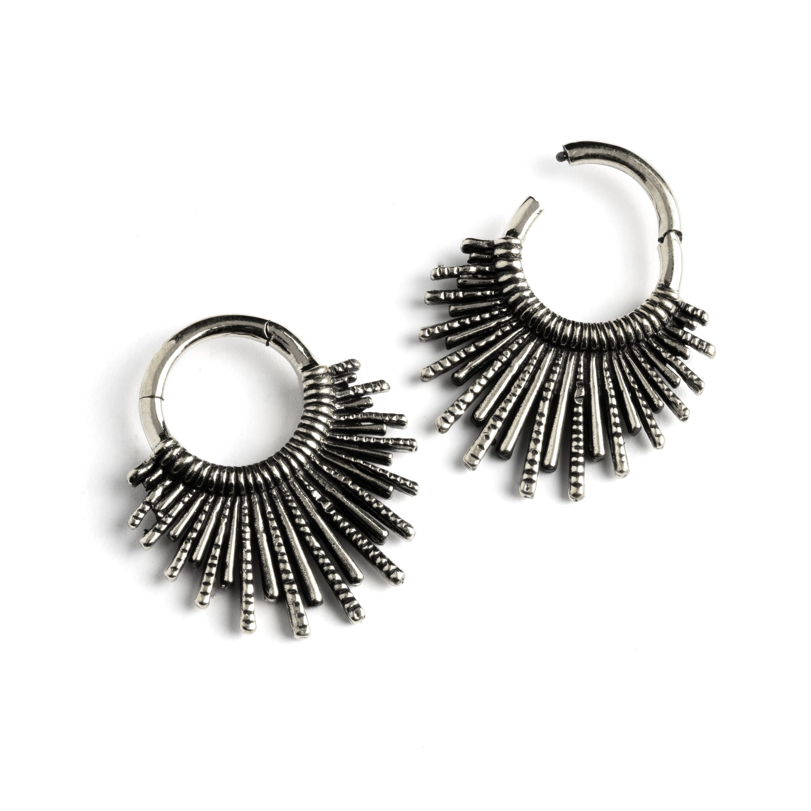 pair of silver brass tribal sun hoops hangers frontal locking system view