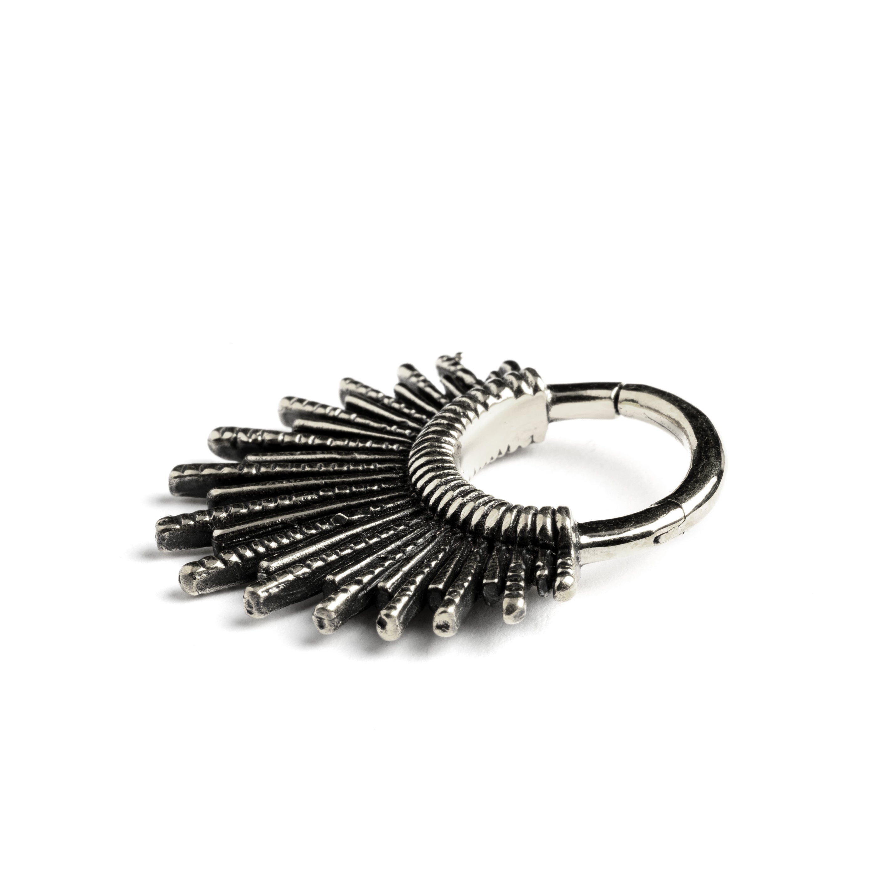single silver brass tribal sun hoop hanger side close up view