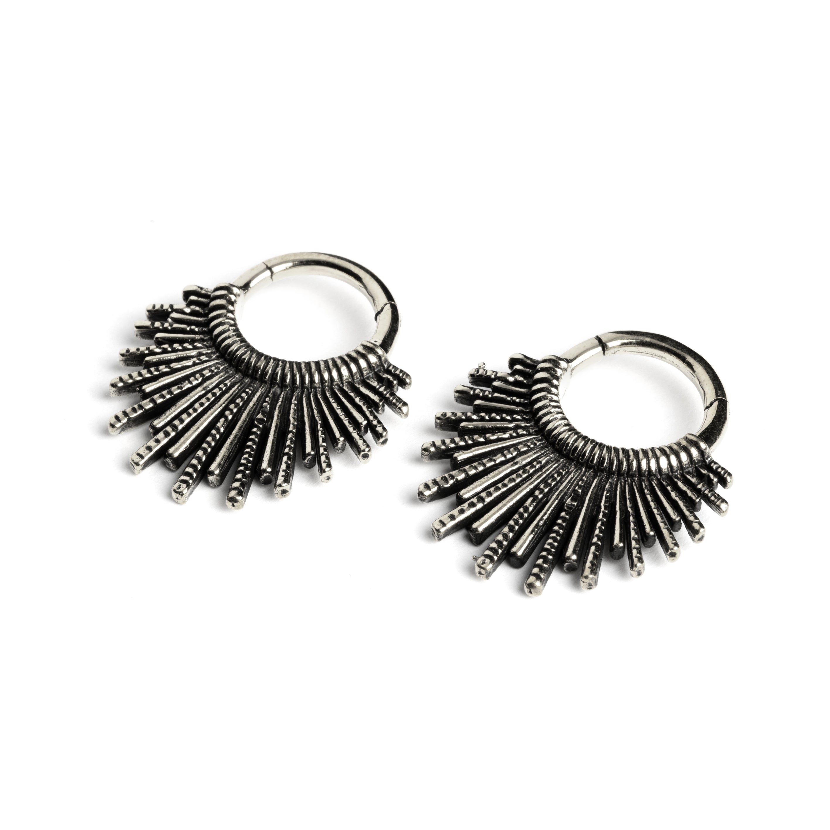 pair of silver brass tribal sun hoops hangers left side view