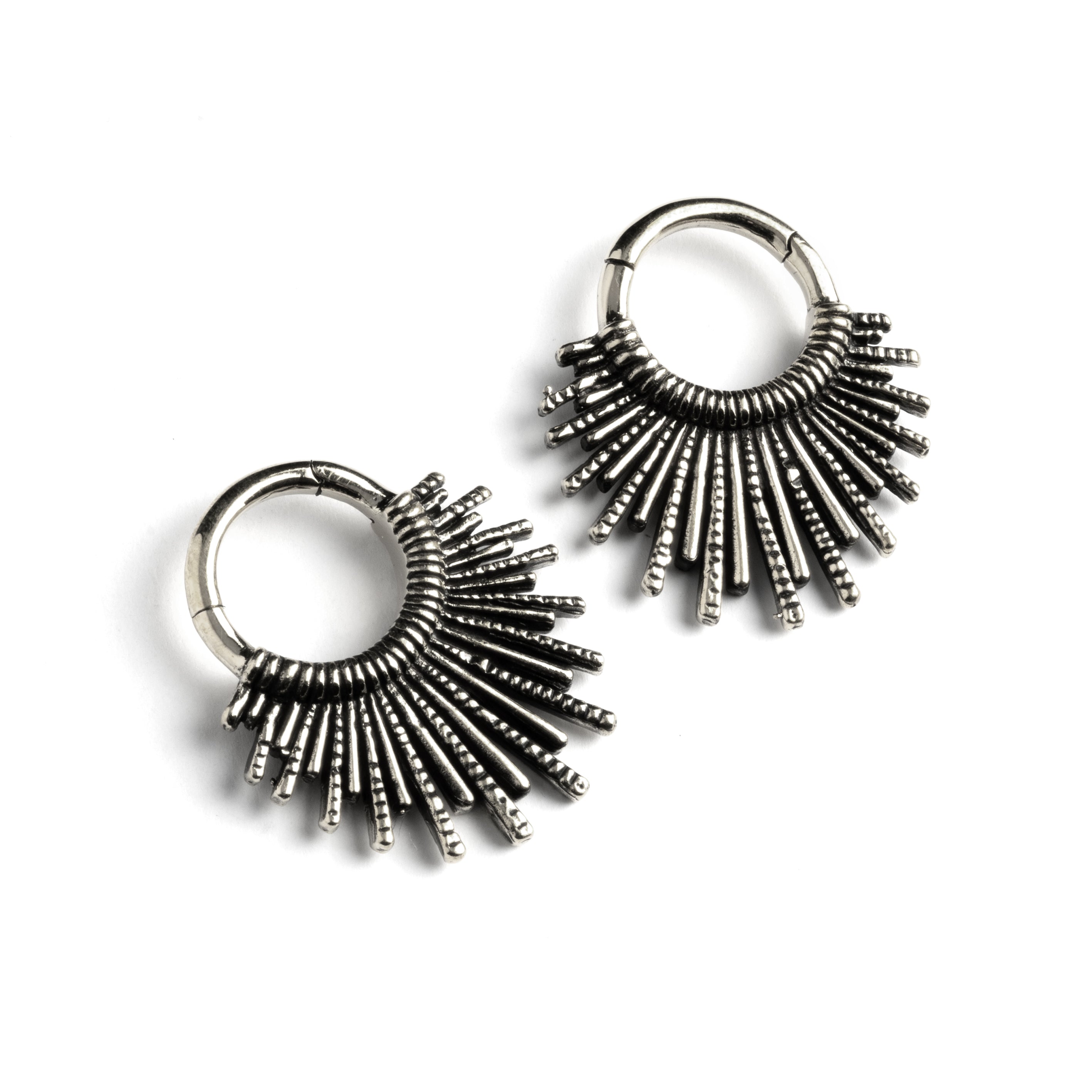 pair of silver brass tribal sun hoops hangers right front view