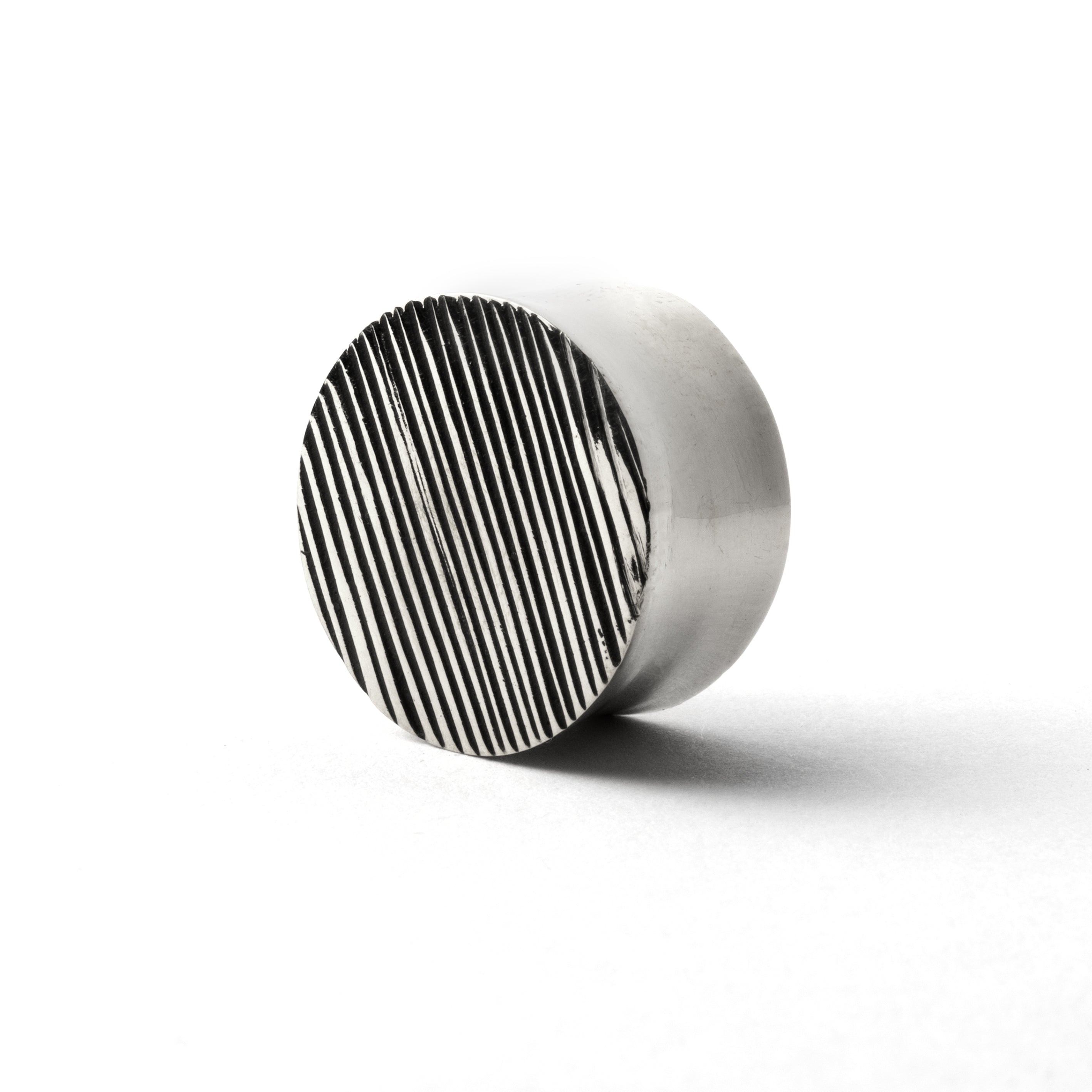 single scratched double flared ear plug right front view