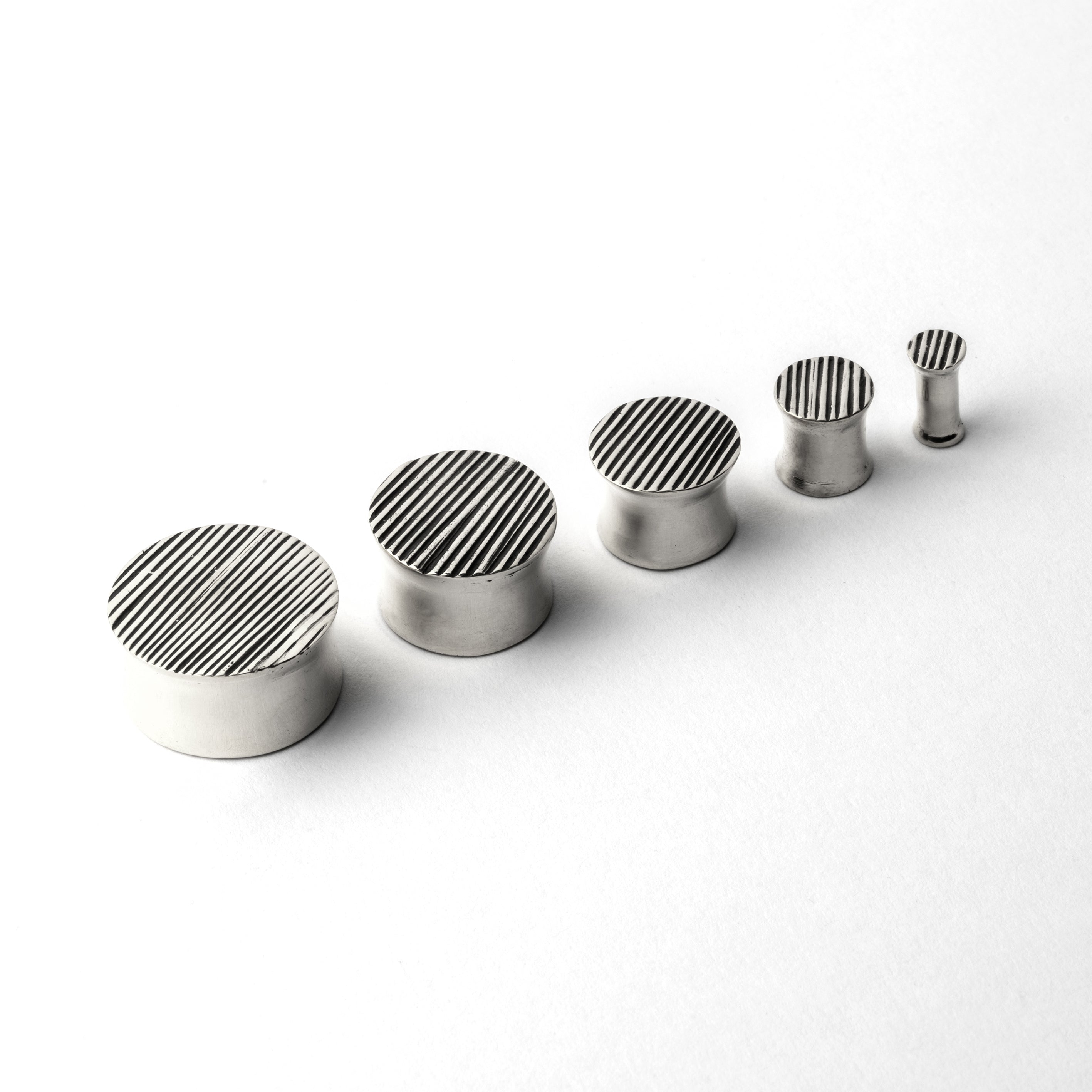 several sizes of scratched double flared ear plugs front side view