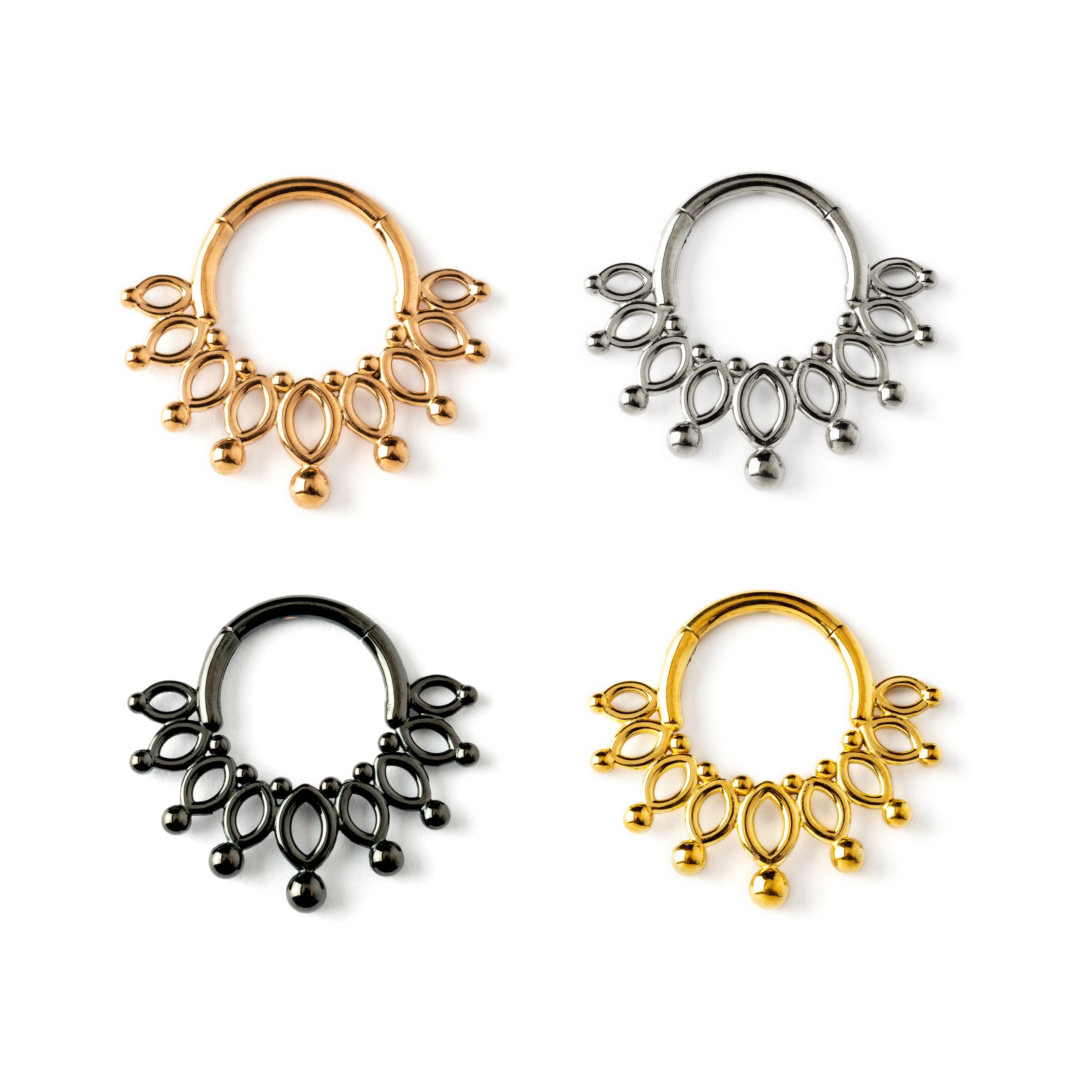 Anastasia gold, rose gold, black surgical steel flower petals septum clicker frontal view