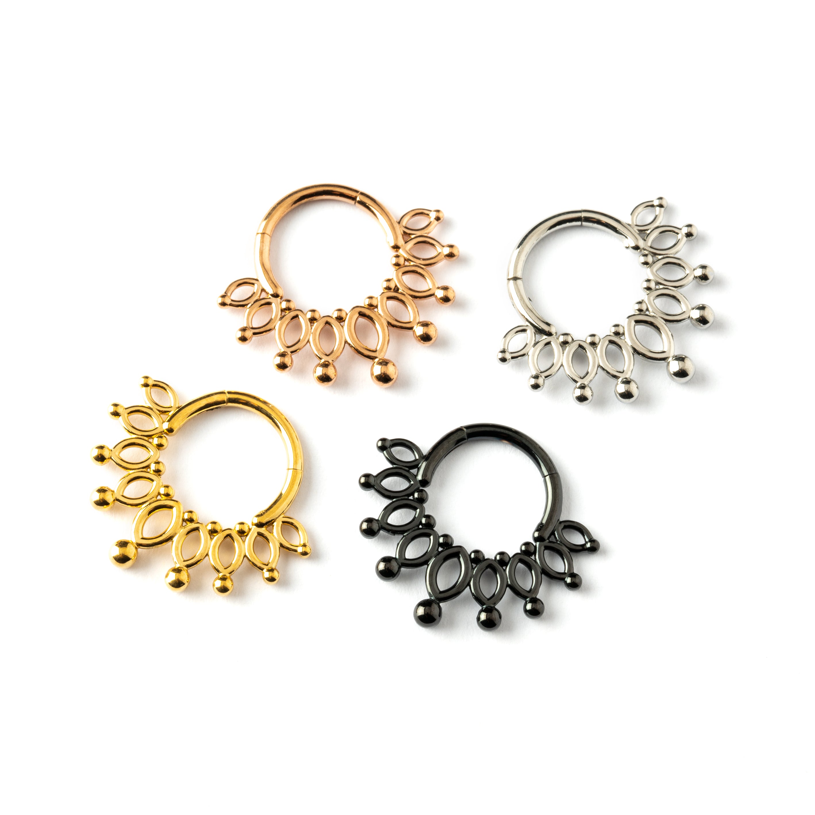 Anastasia gold, rose gold, black surgical steel flower petals septum clicker frontal view