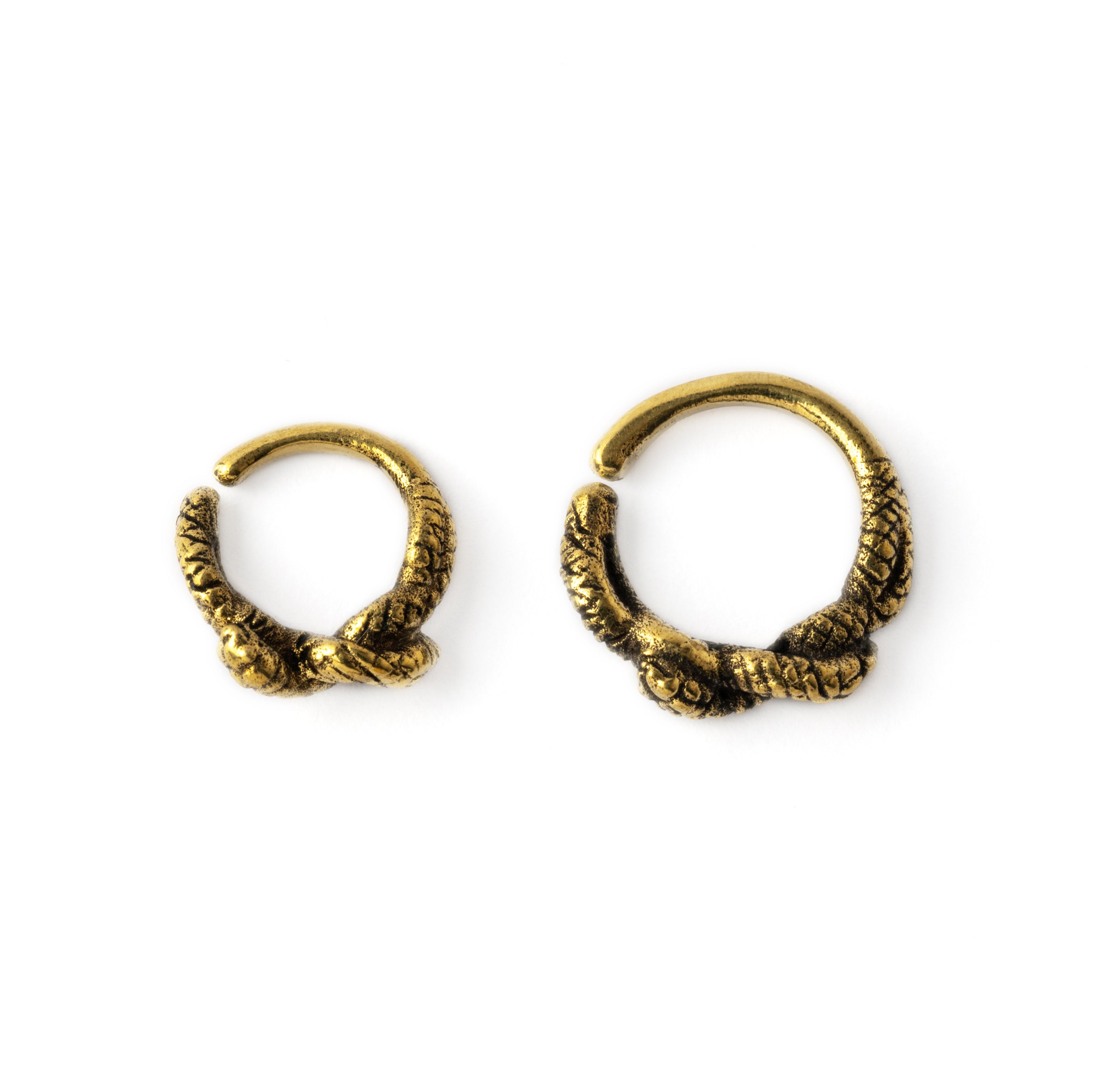 6mm &amp; 8mm kobara snake golden brass septum rings frontal view