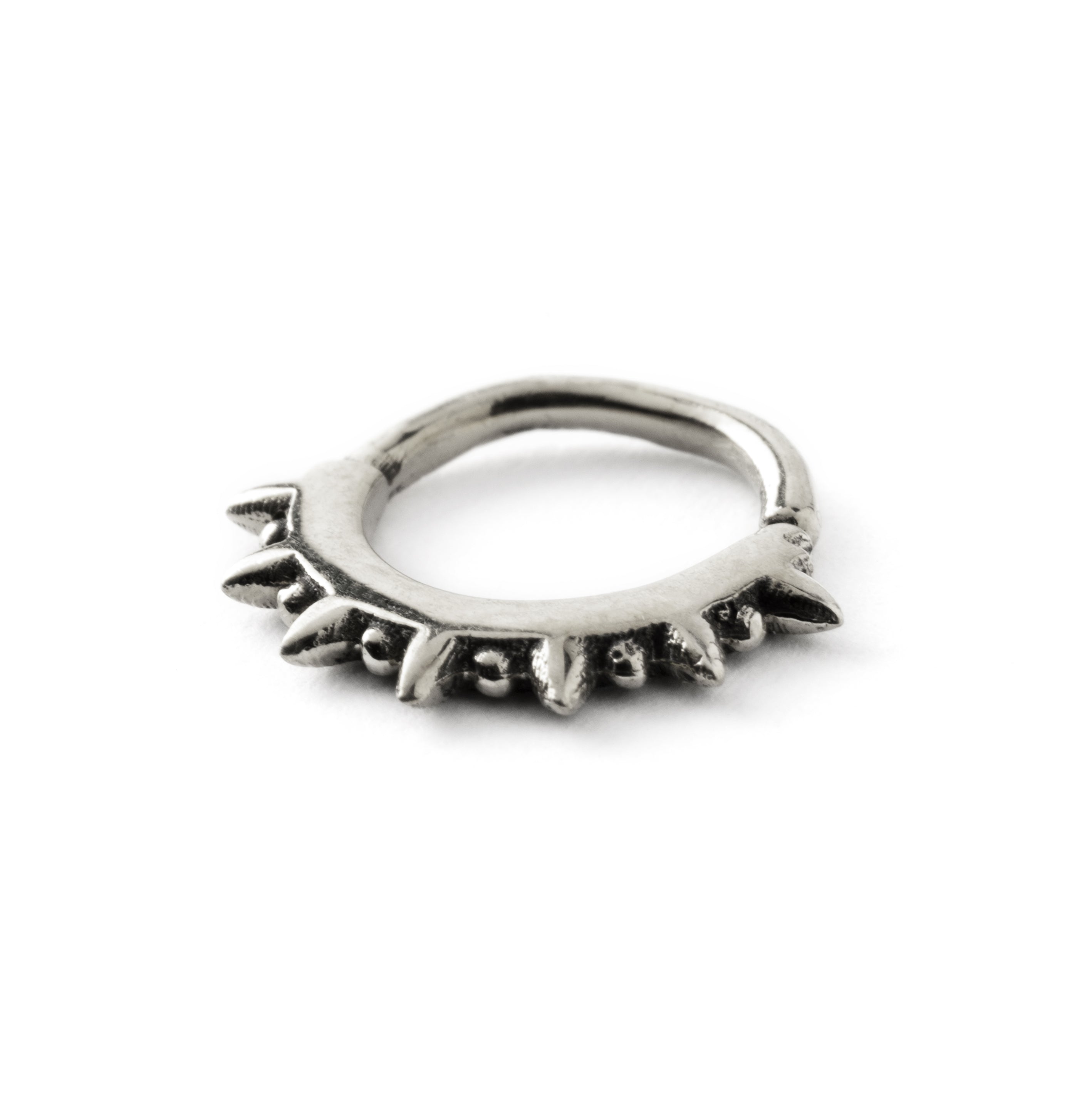 Shani silver septum ring with spiky ends bottom view