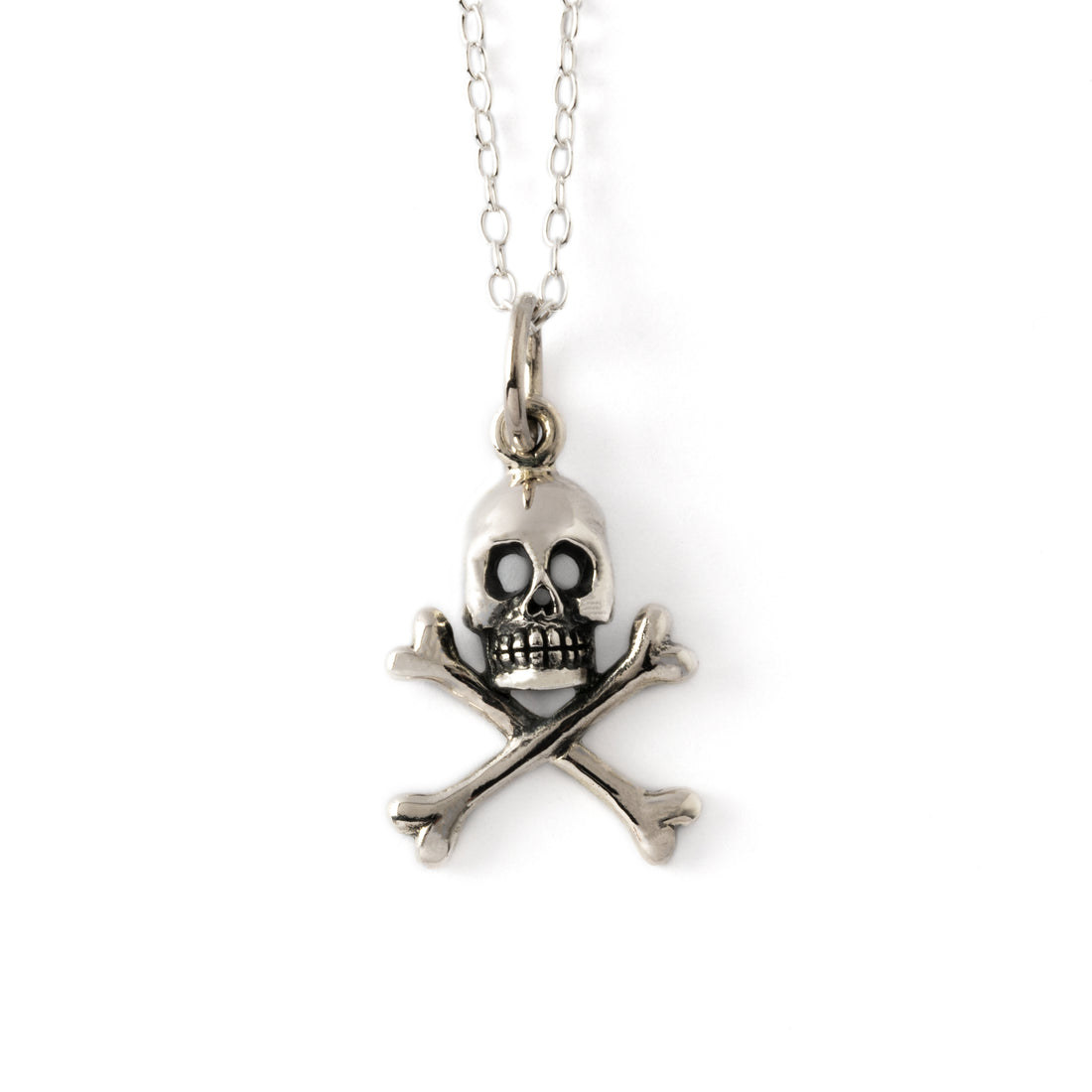 silver crossbones skull charm necklace frontal view