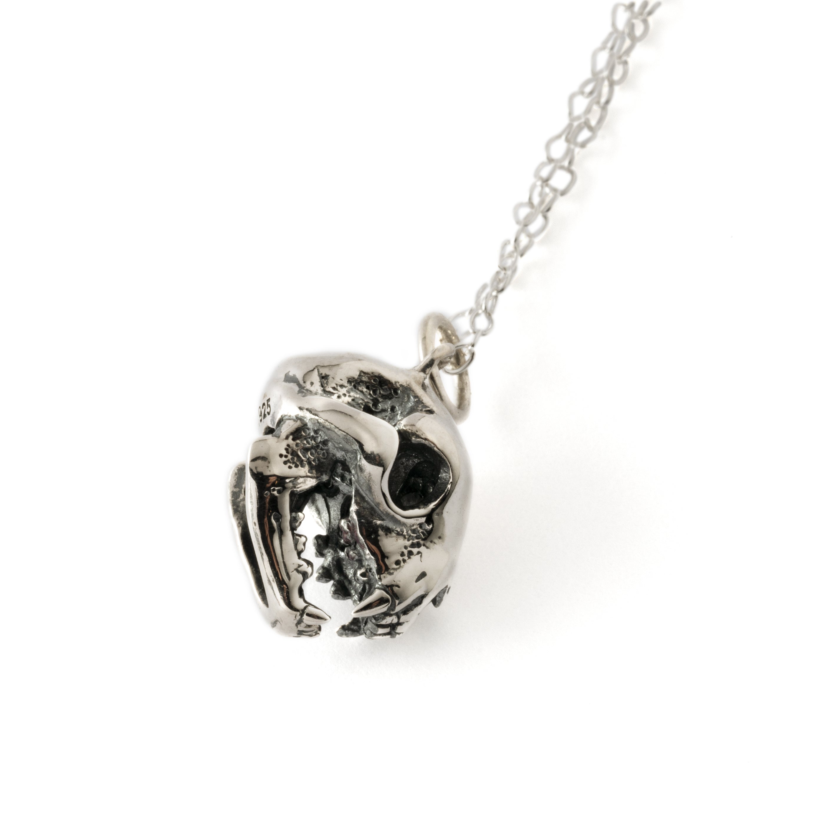 silver cat skull charm necklace right side view