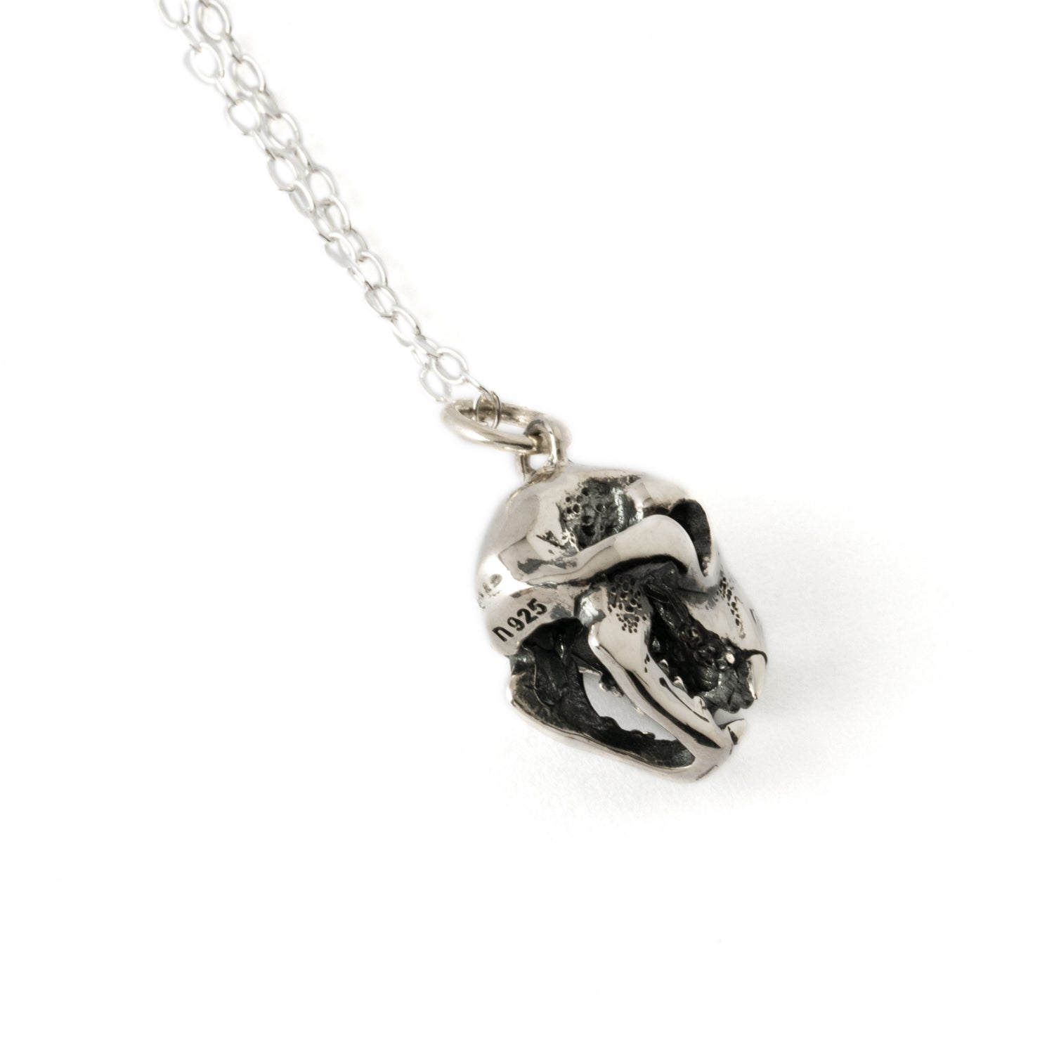 silver cat skull charm necklace back side view