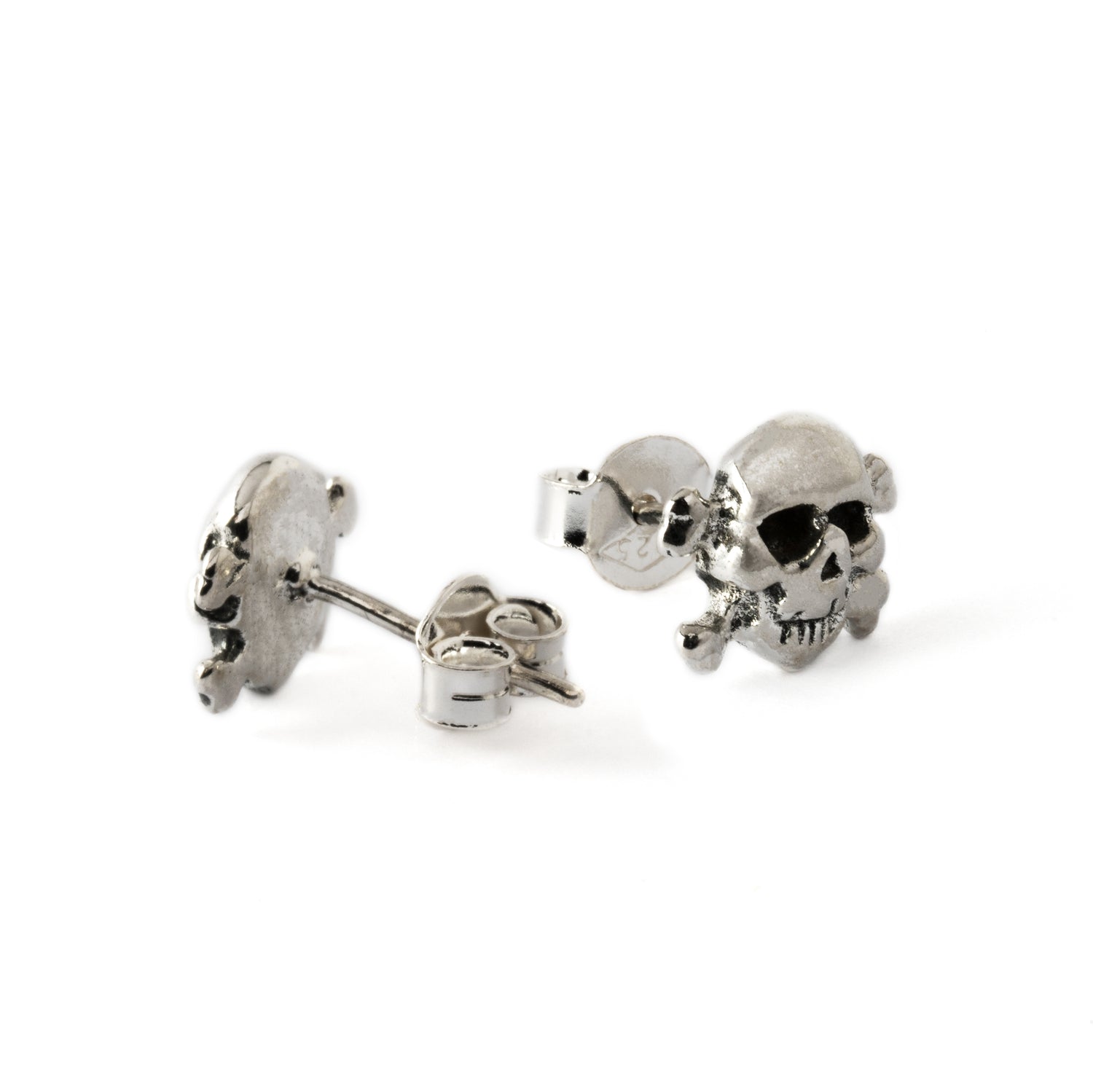 pair of silver pirate stud earrings back and side view