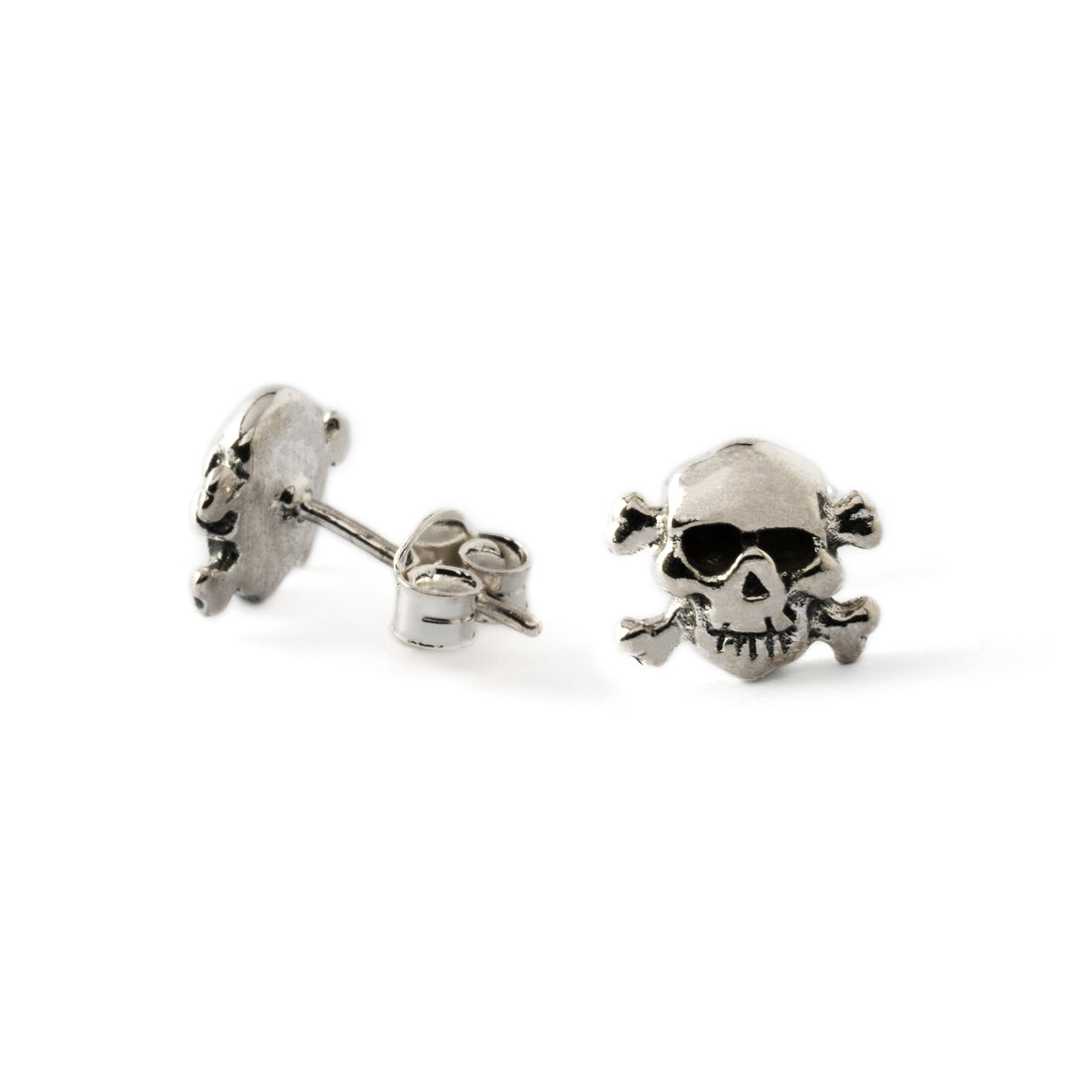 pair of silver pirate stud earrings front and back view