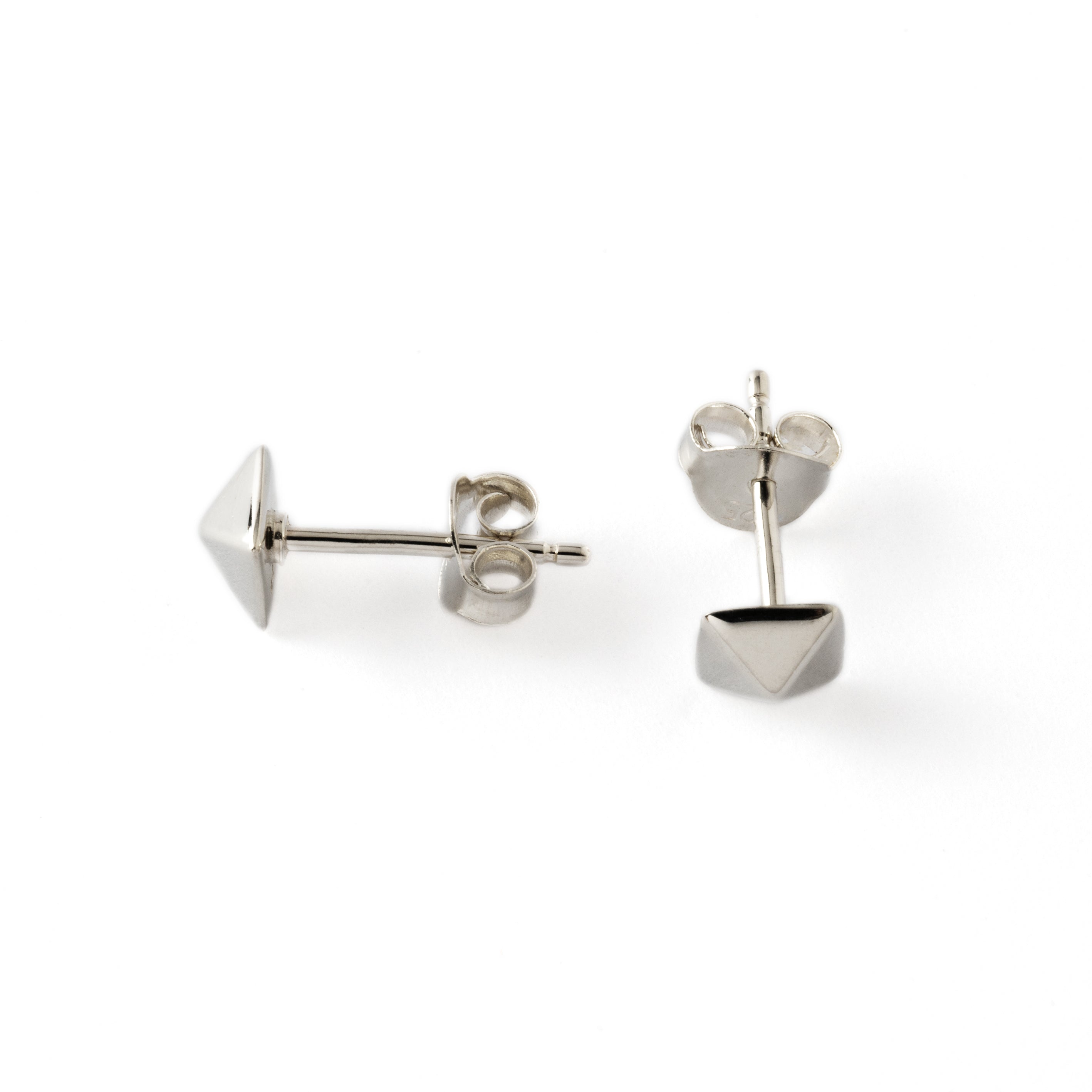 pair of Silver pyramid ear studs left side and front view