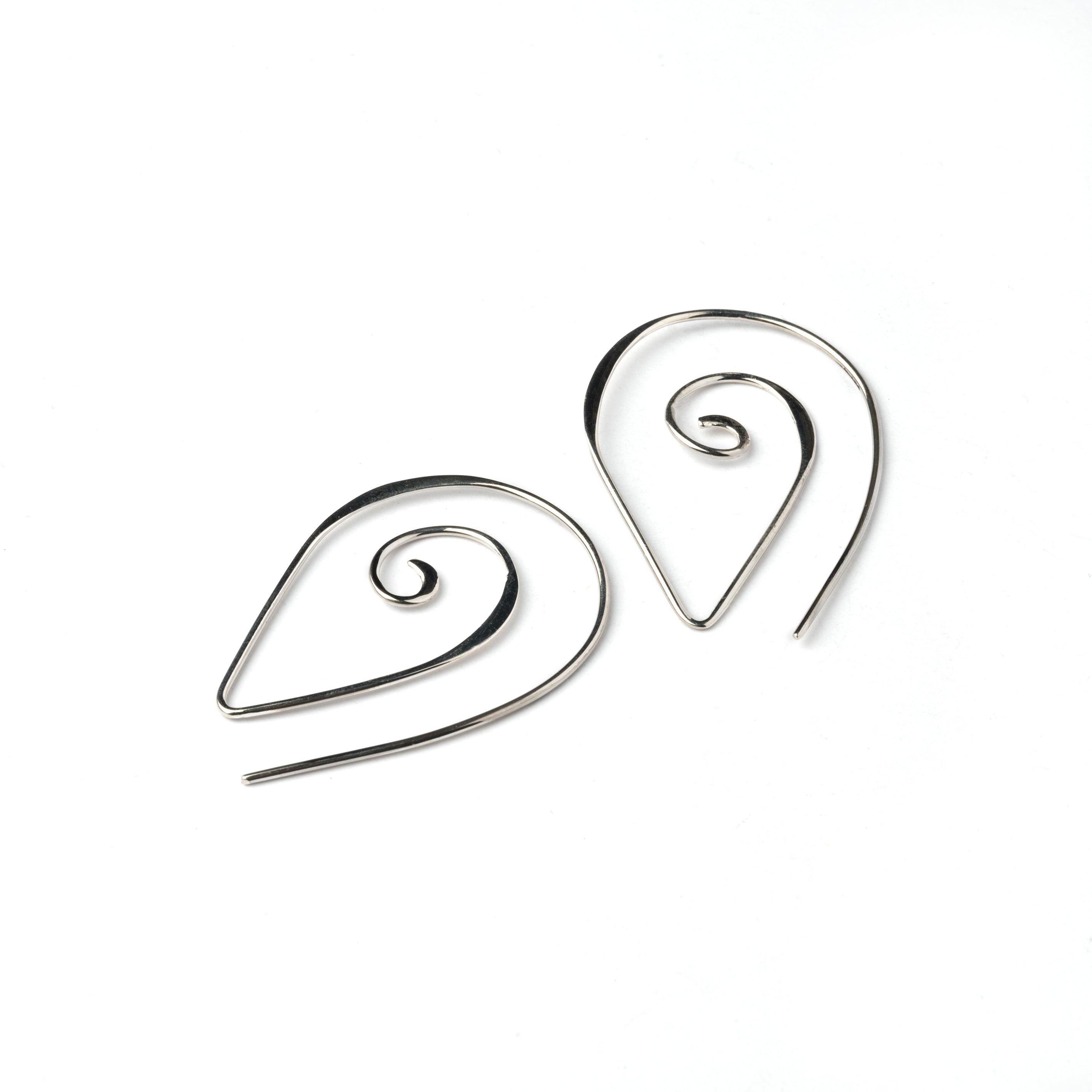 Pointy Silver Spiral Earrings right and front view