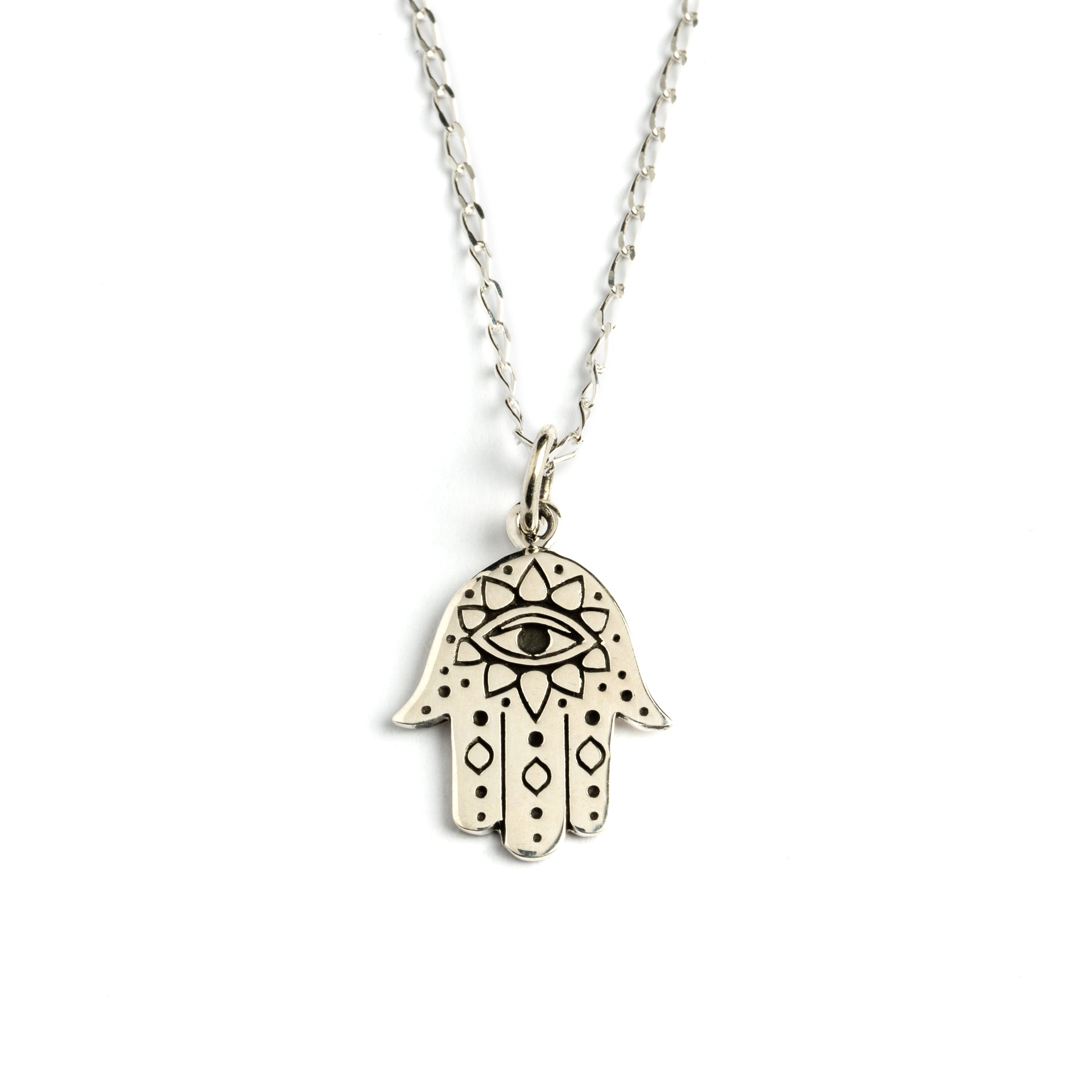 Hamsa Evil Eye Charm in silver frontal view