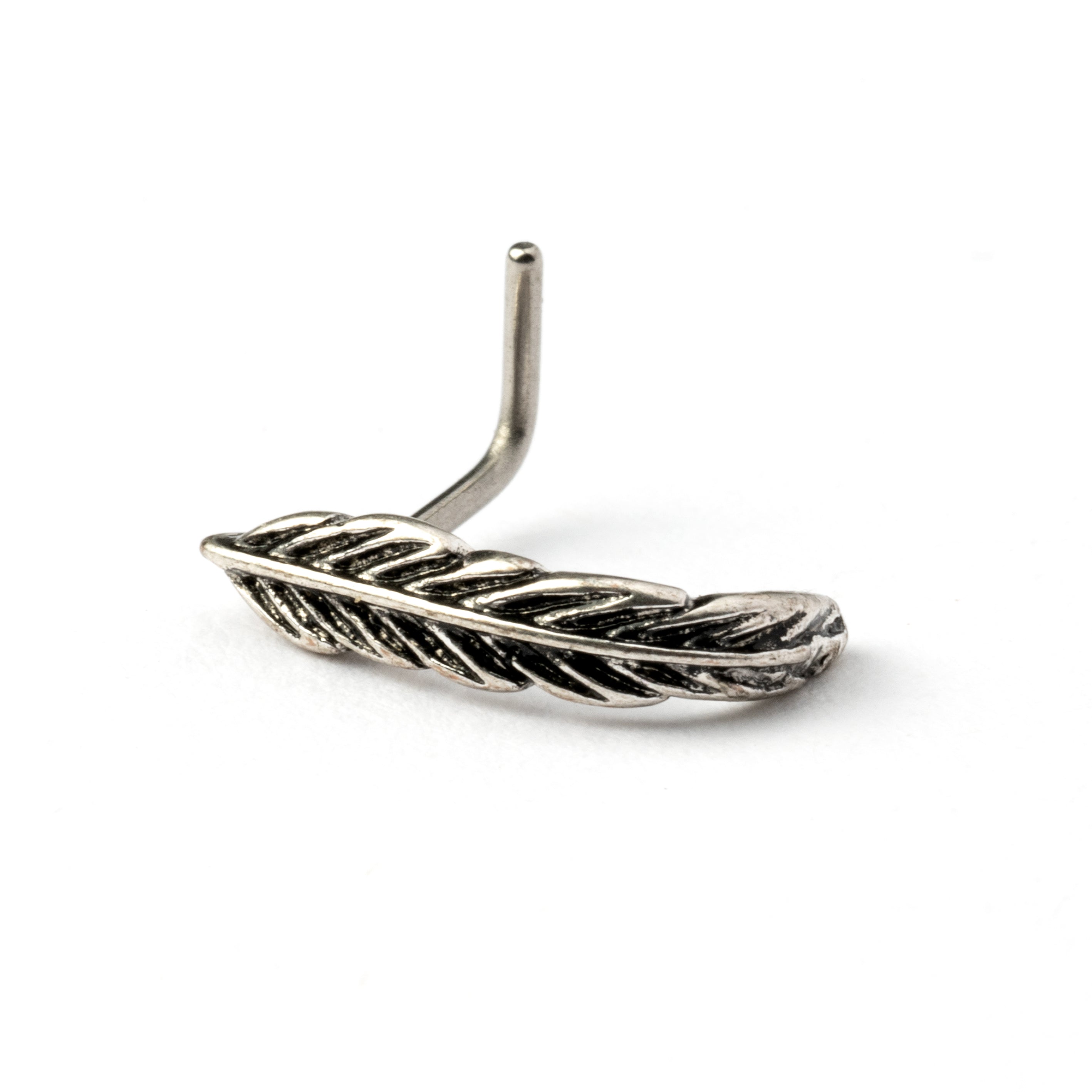 Silver feather nose stud right side view