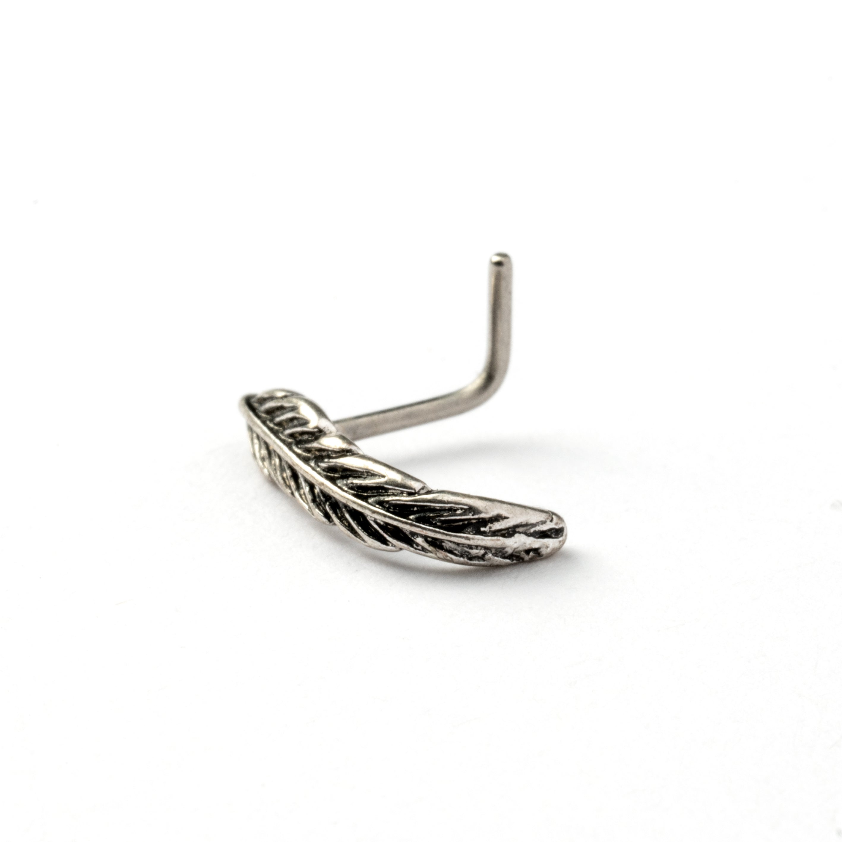 Silver feather nose stud right side view