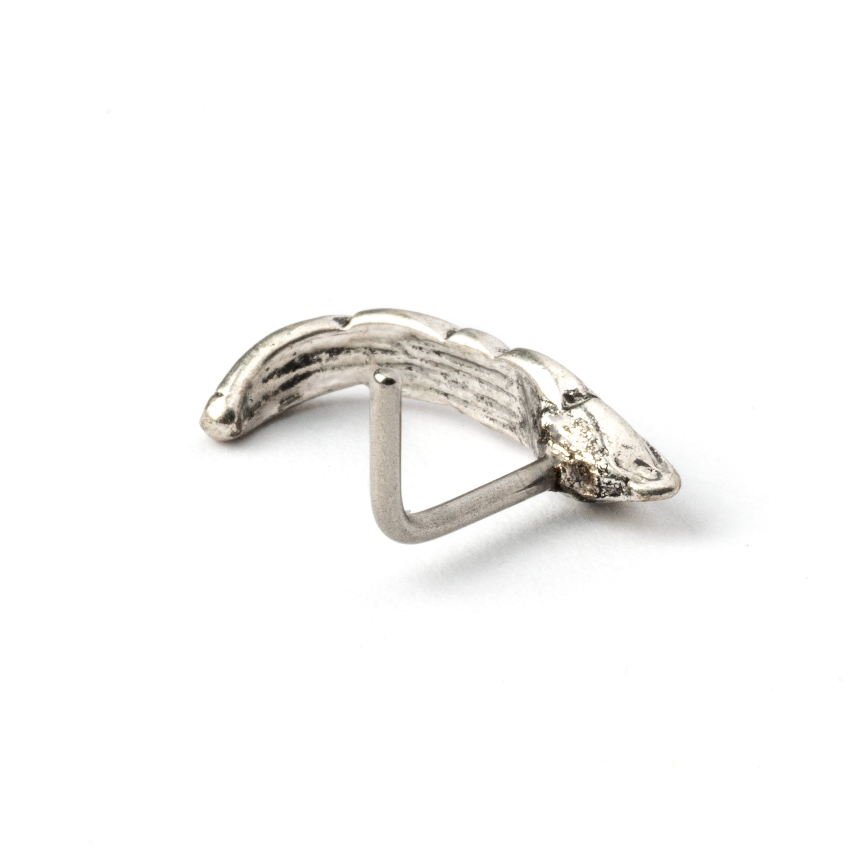 Silver feather nose stud back side view
