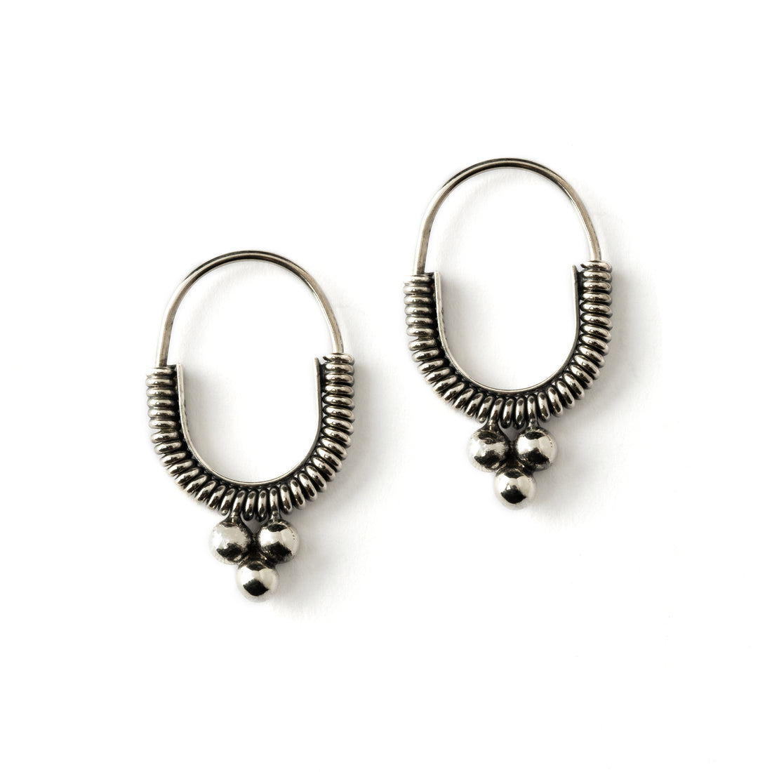 ethnic Silver coiled oval hoop earrings frontal view