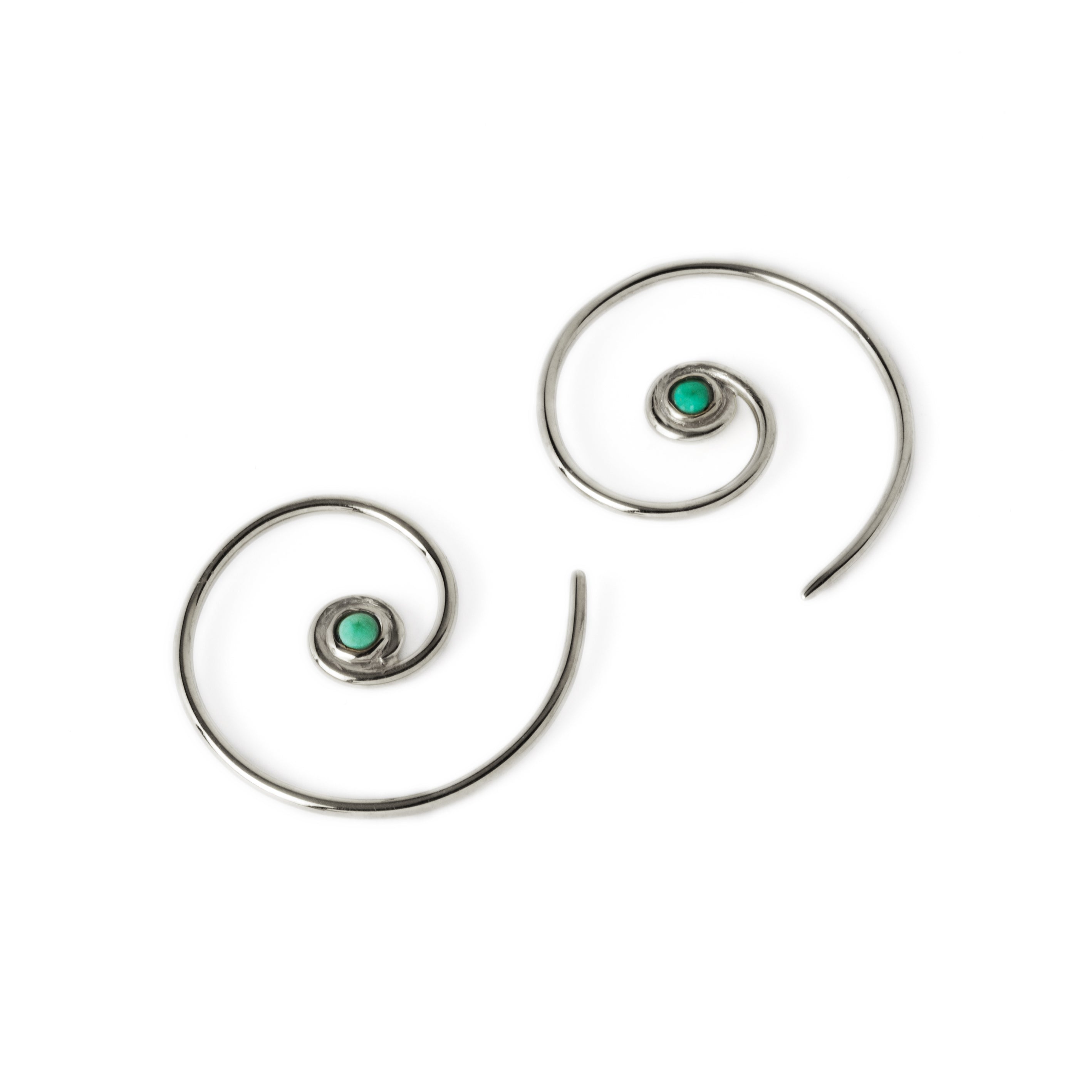 pair of Silver & Turquoise Koru spiral earrings back and front view