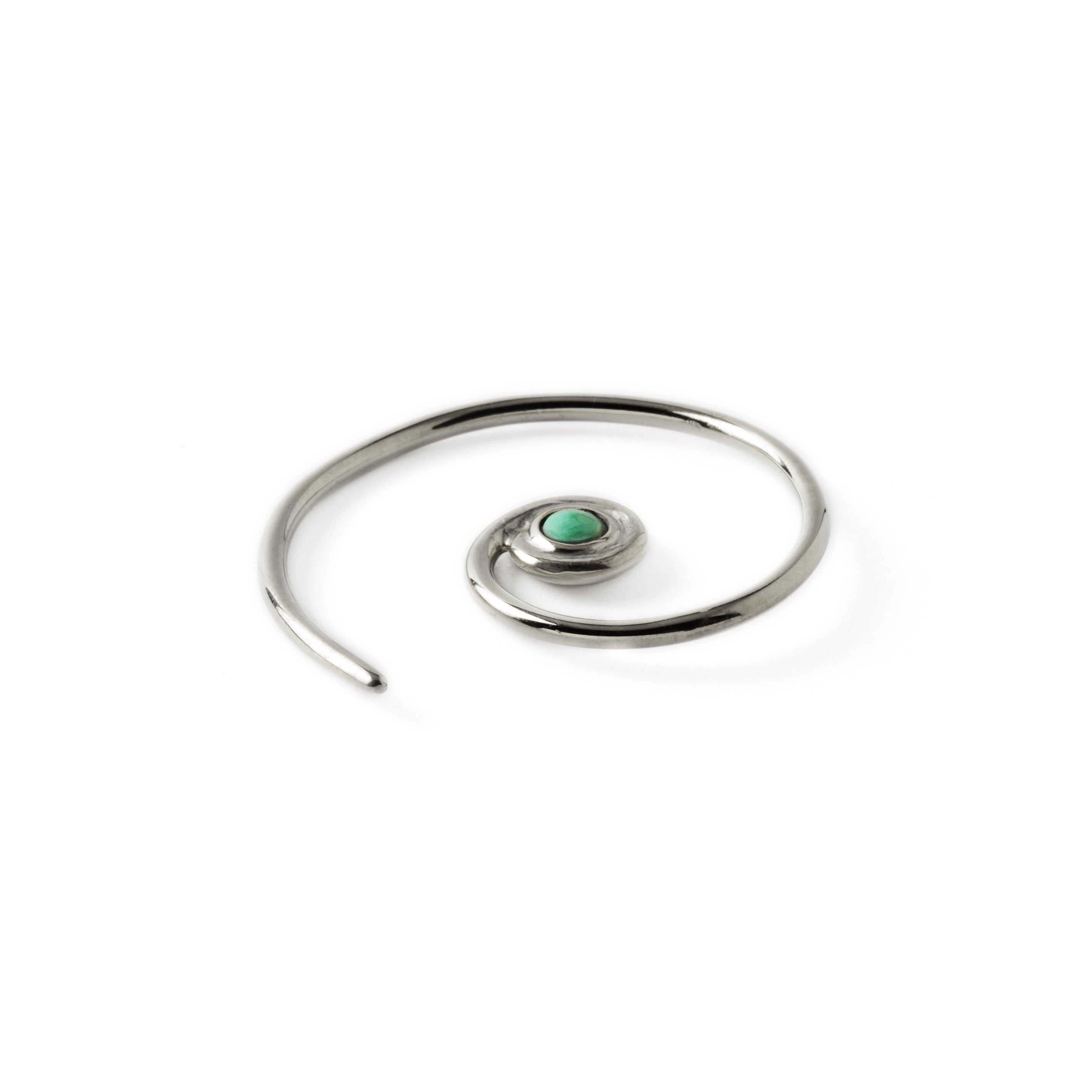 single Silver & Turquoise Koru spiral earring front side view