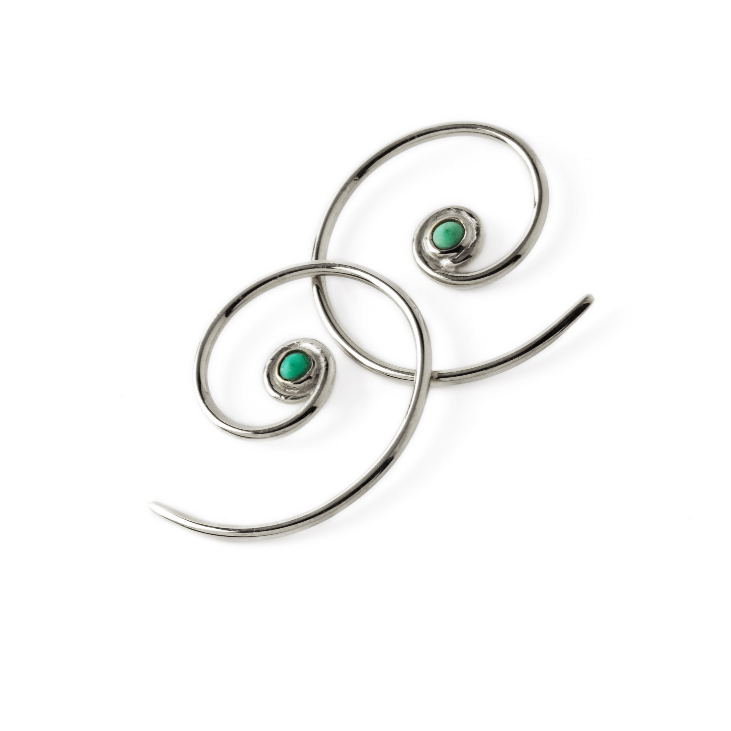 pair of Silver & Turquoise Koru spiral earrings side view