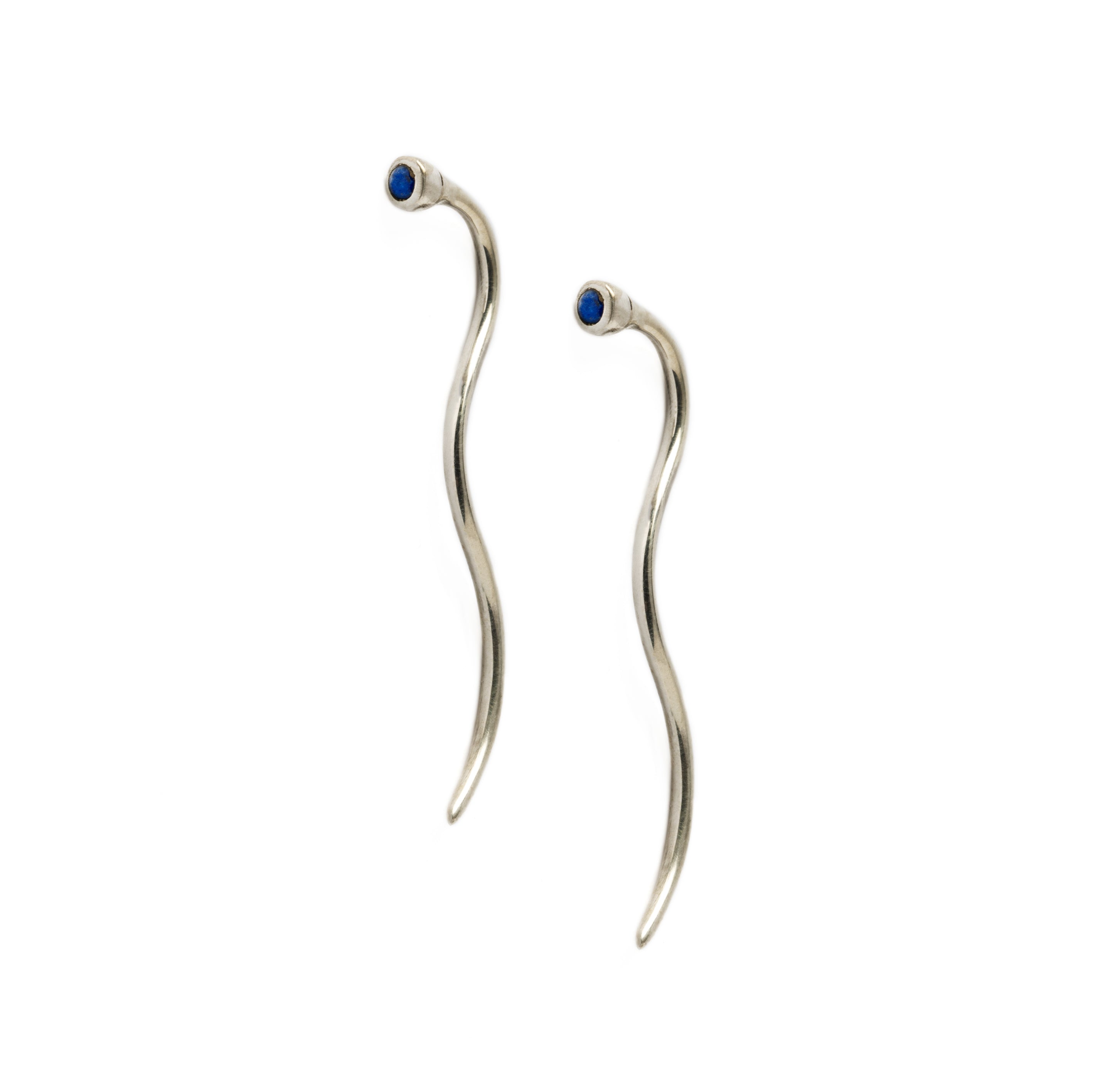 pair of silver long tail earrings with Lapis frontal view