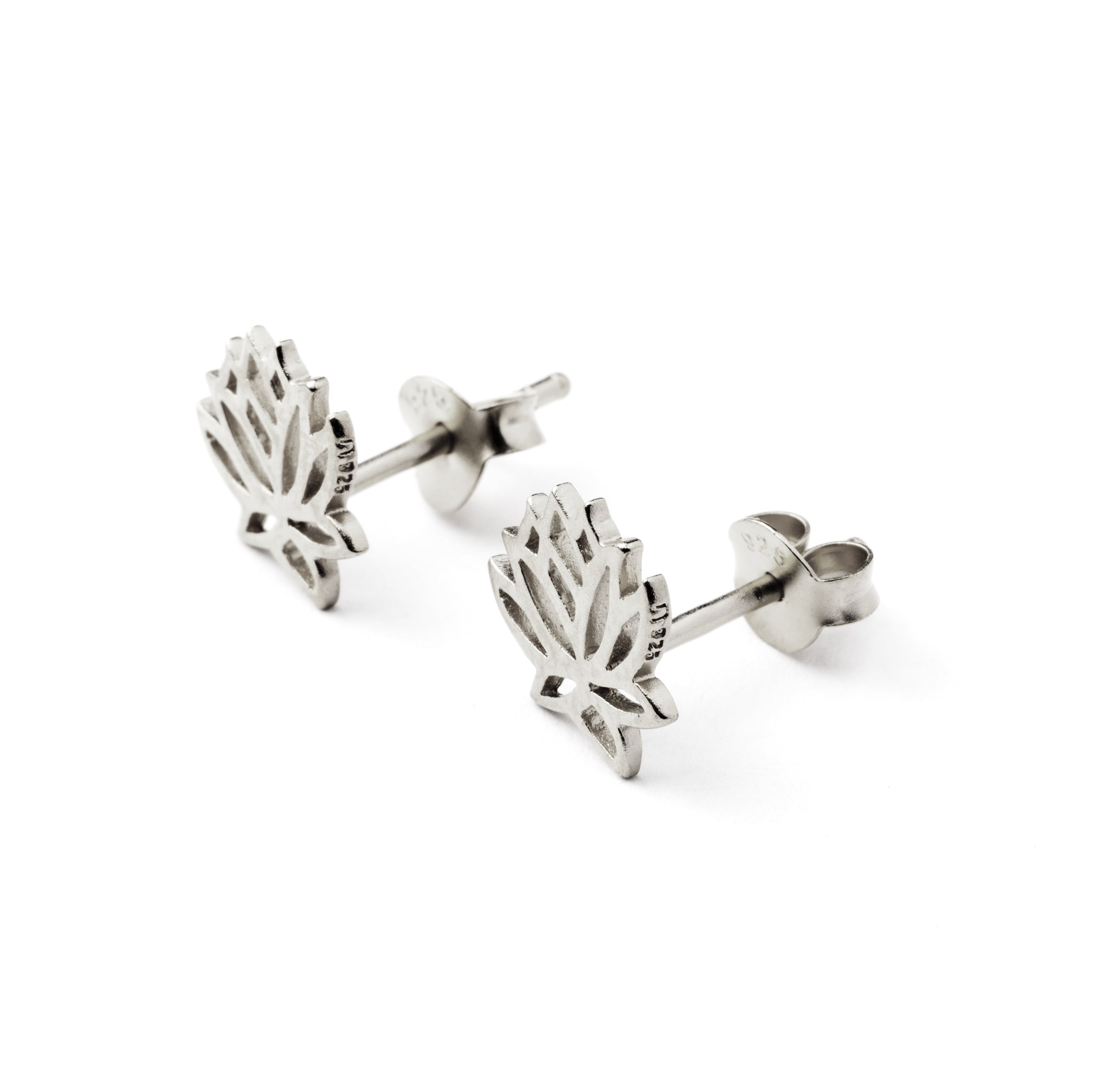 Silver Lotus contour stud earrings side view