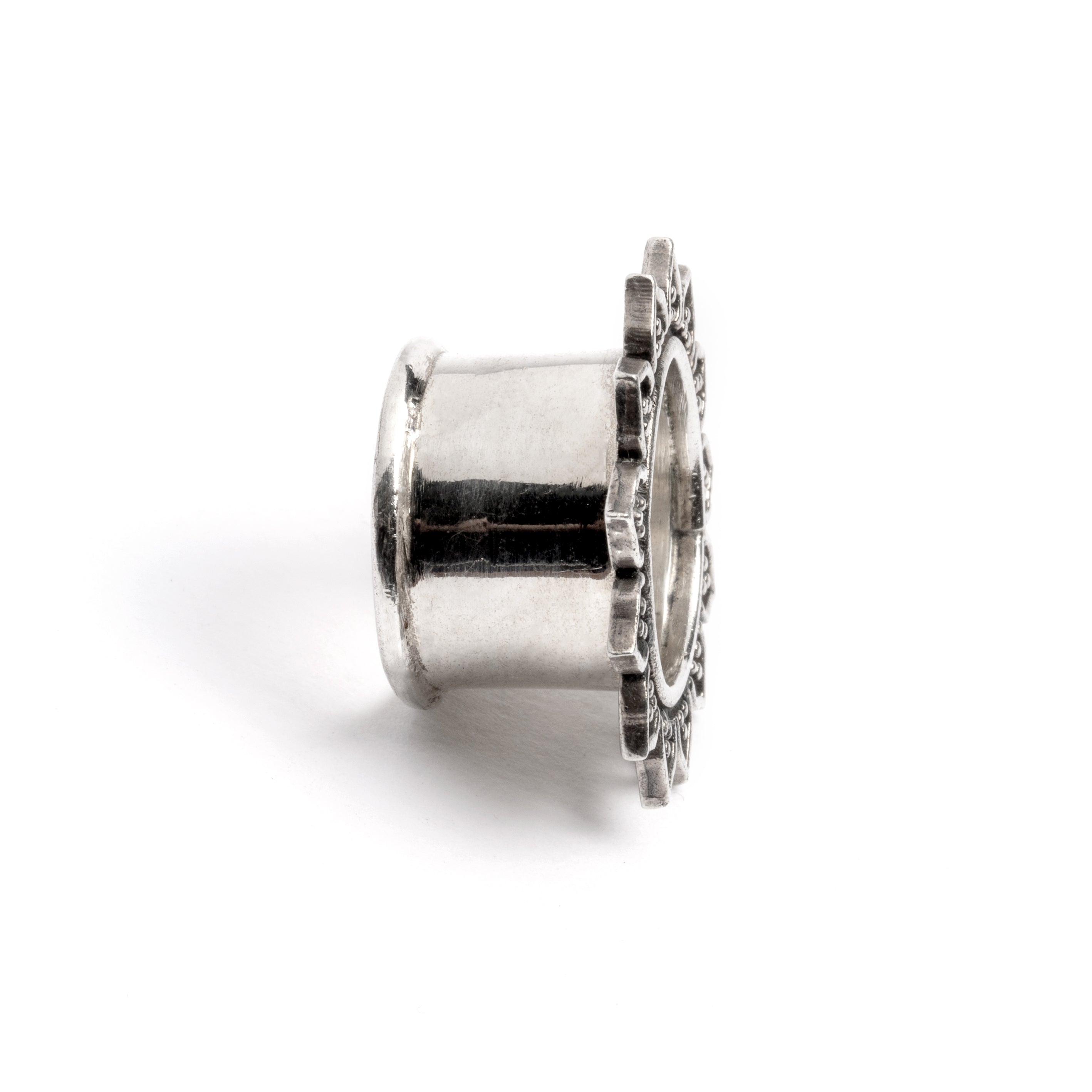 three sizes of Iriya Lotus Petals Silver ear tunnel side view