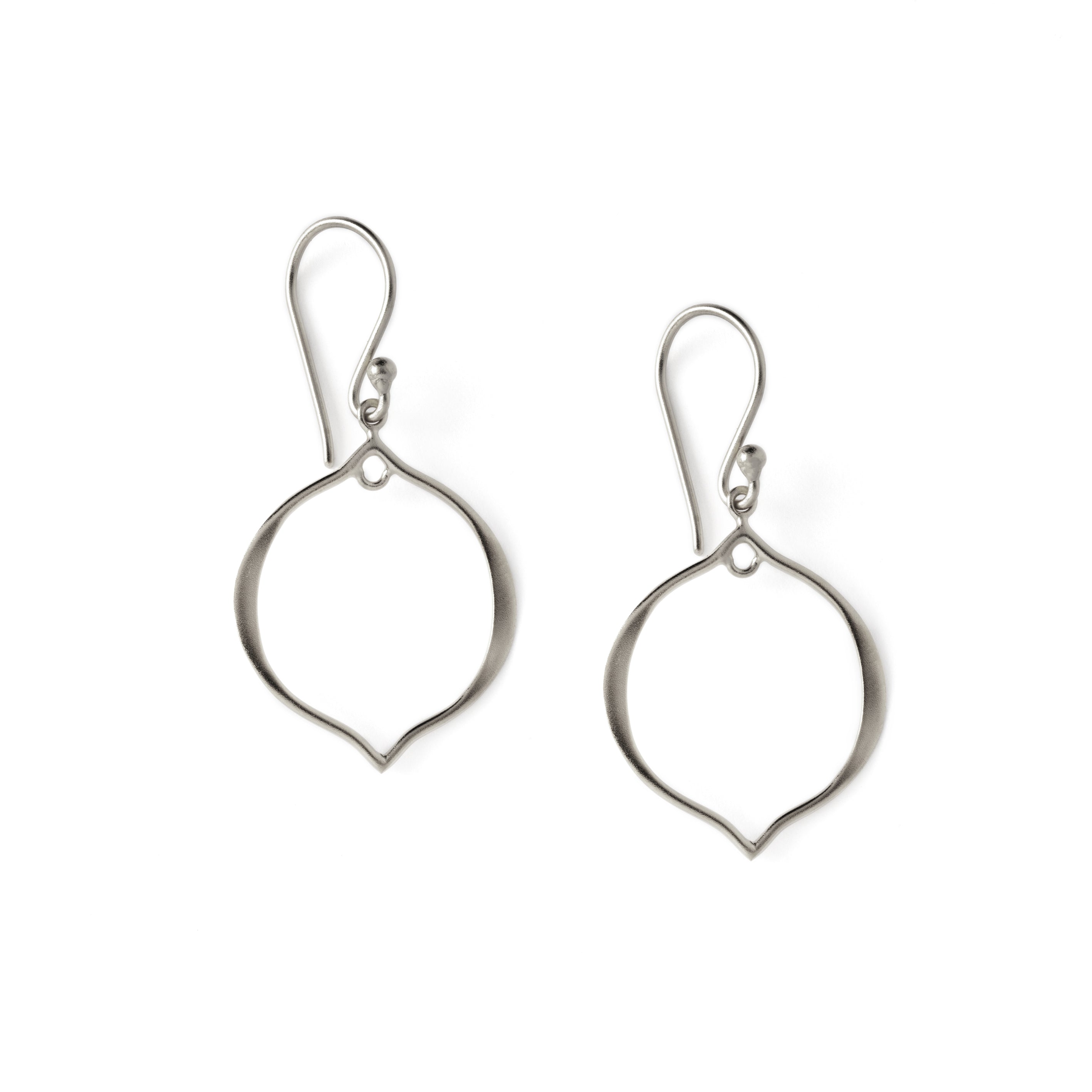 silver dangle earrings with hollow arabesque drop ornament frontal view