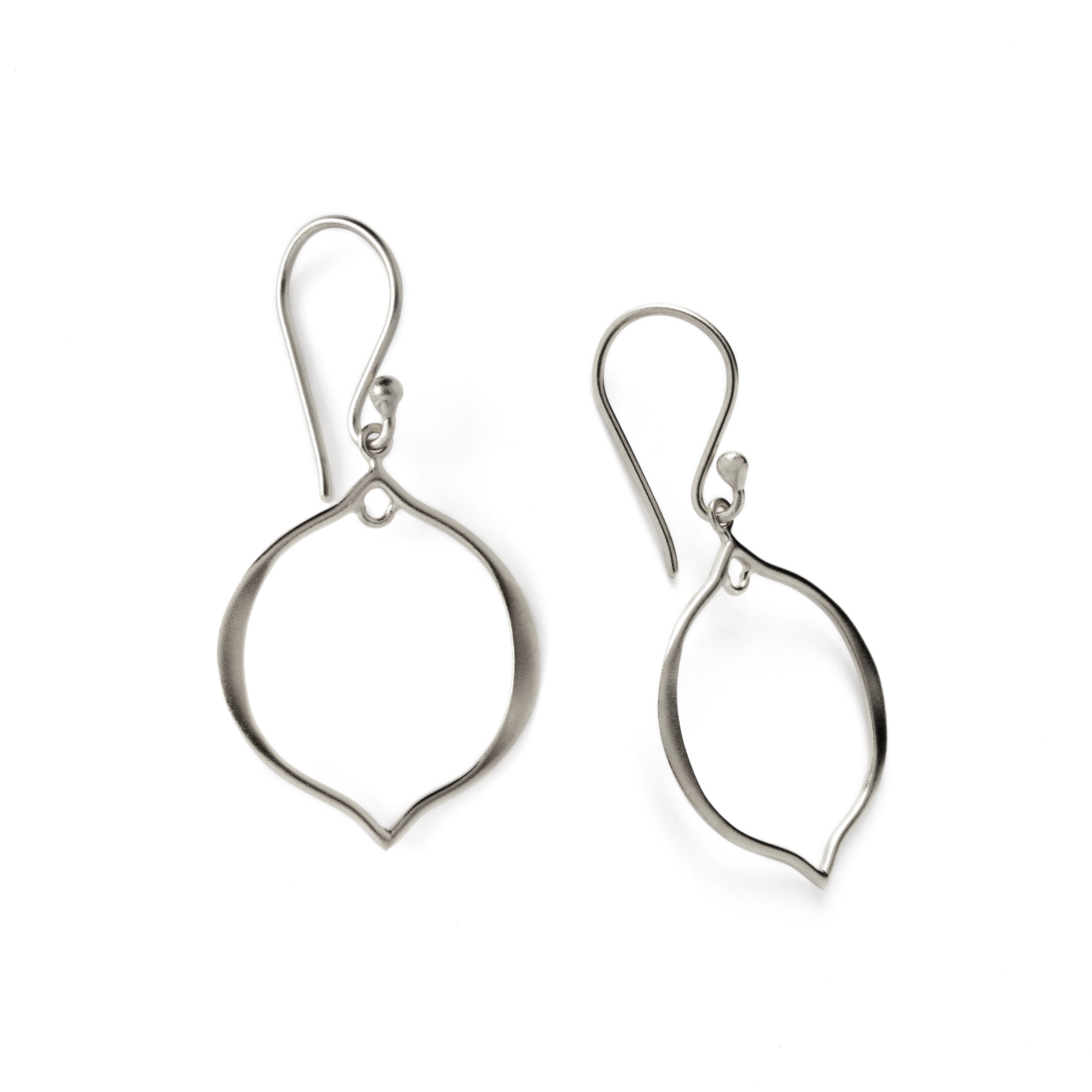 silver dangle earrings with hollow arabesque drop ornament frontal and side view