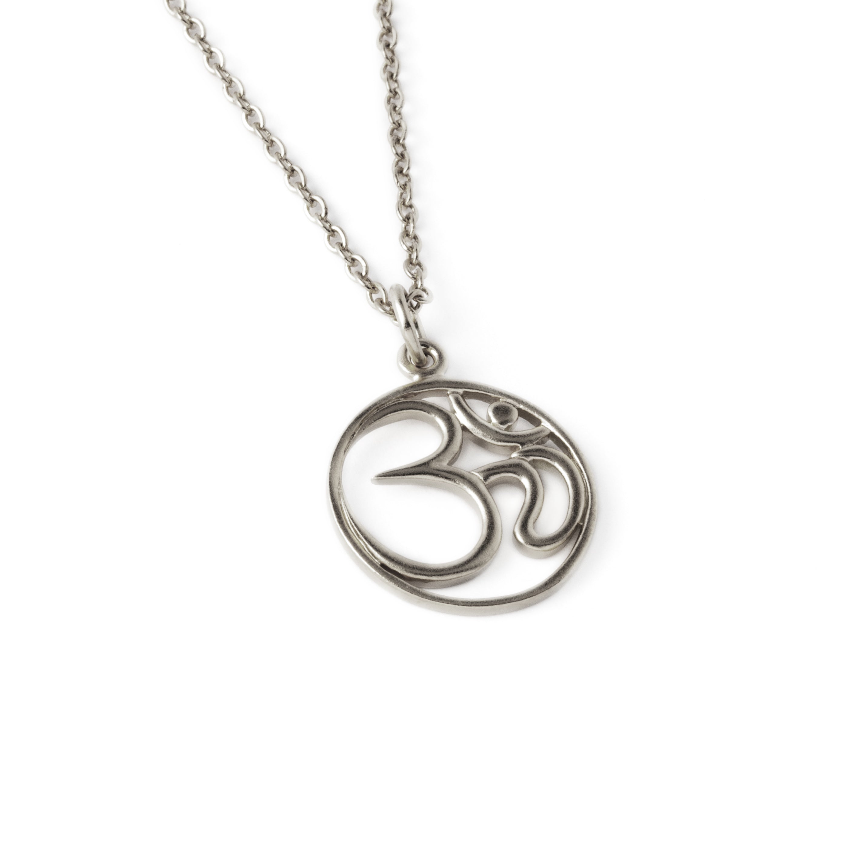 silver Om stamp necklace left side view