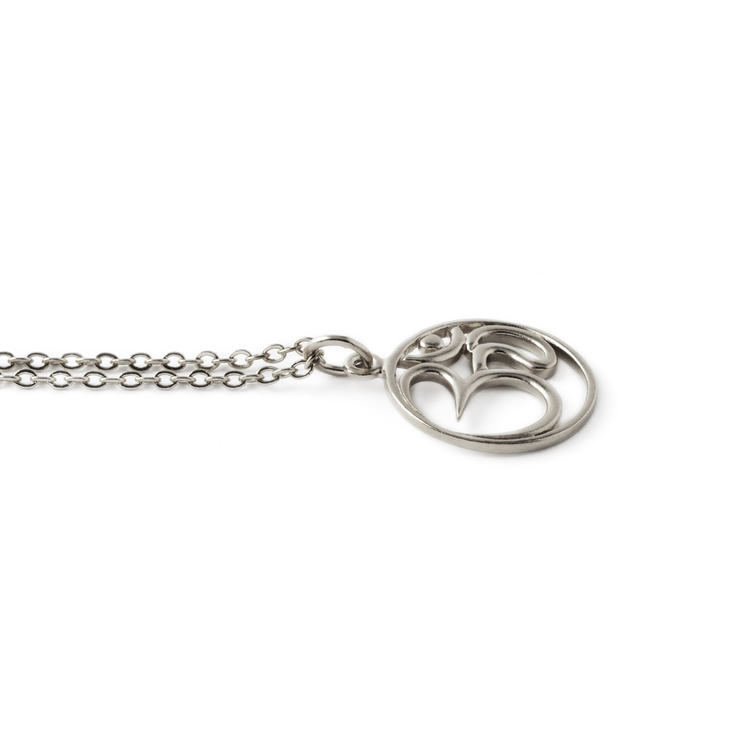 silver Om stamp necklace side view