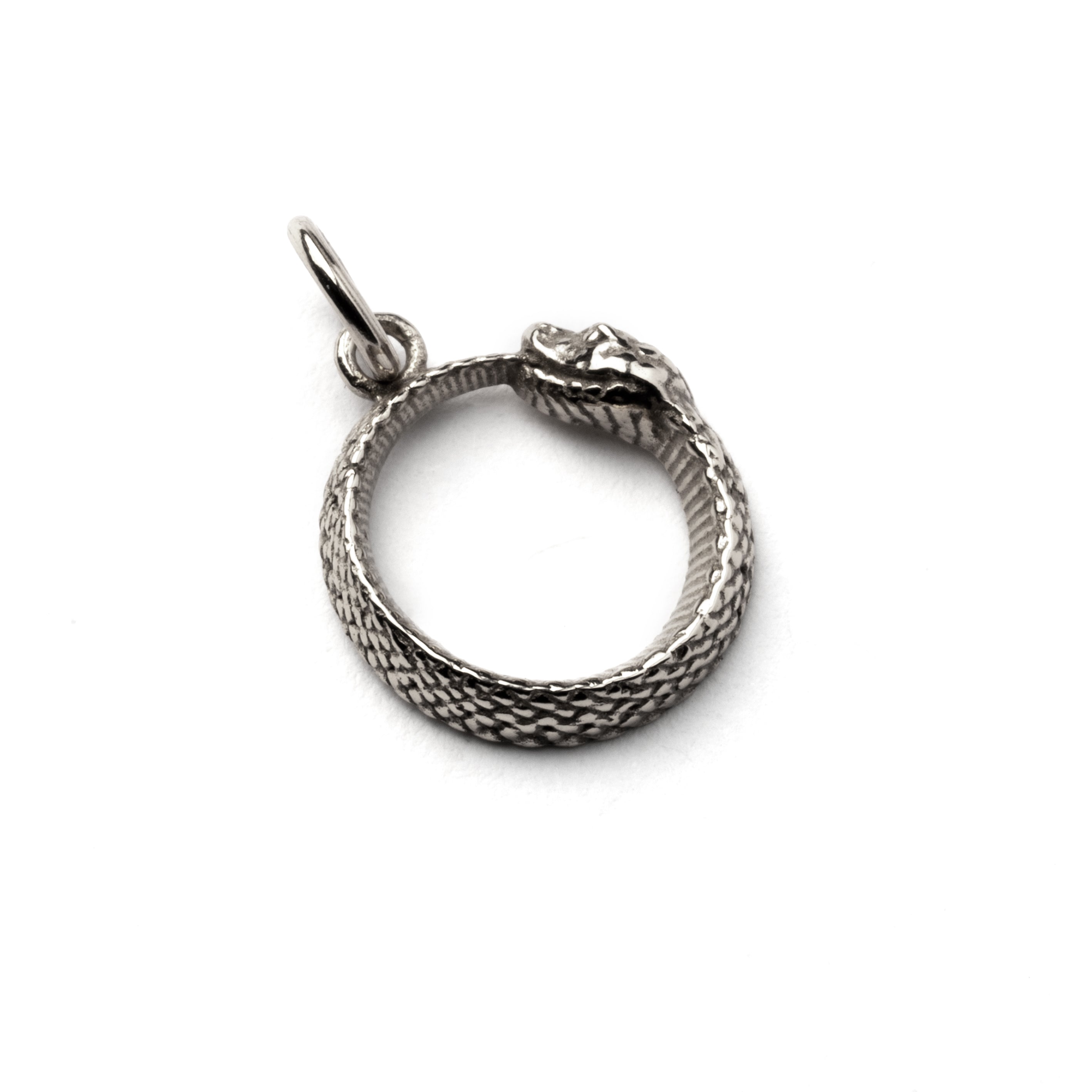 Tiny Silver Ouroboros Charm necklace left side view