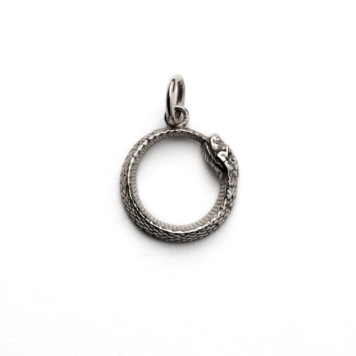 Tiny Silver Ouroboros Charm necklace frontal view