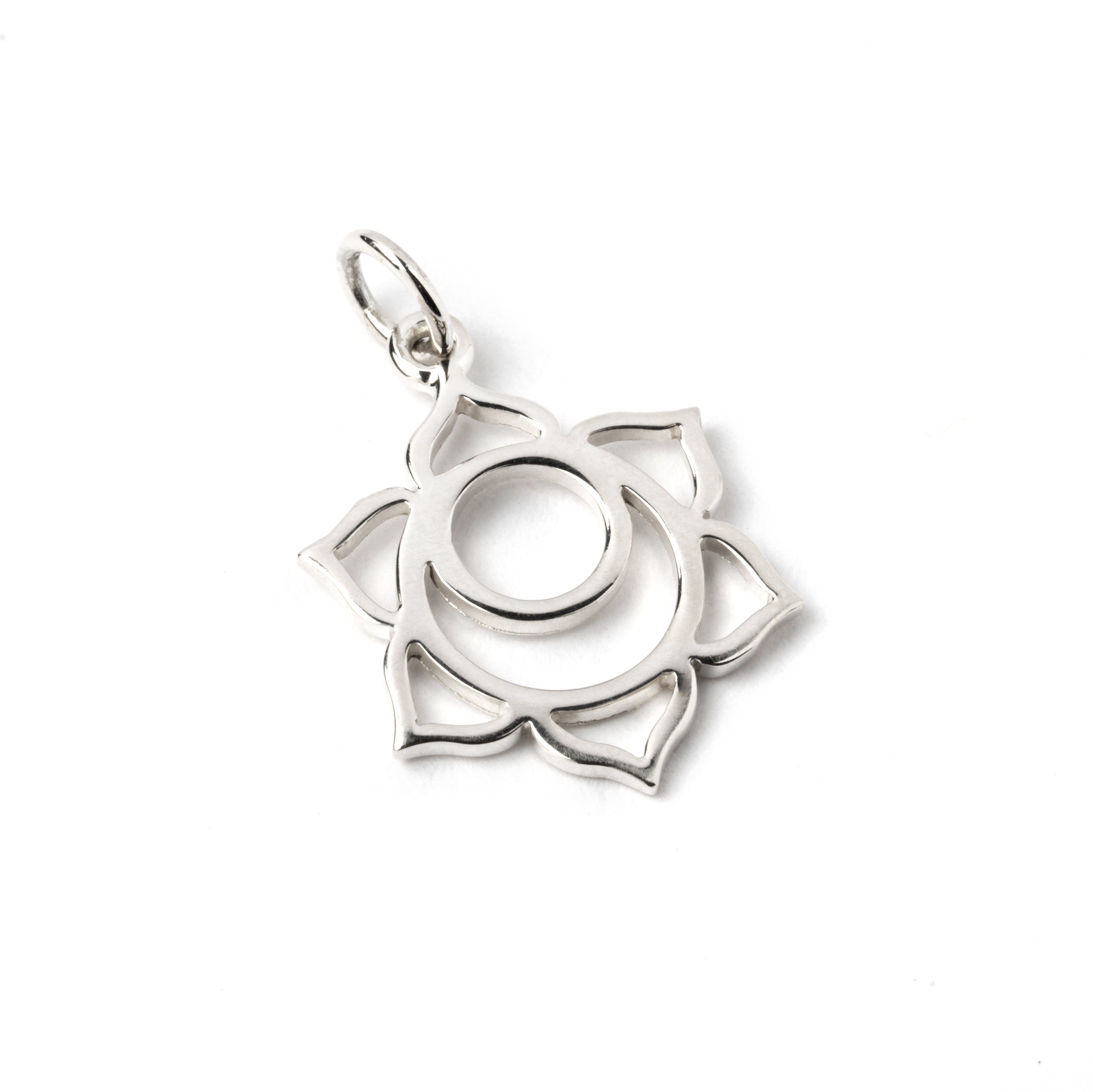 Sterling Silver Sacral Chakra Charm Necklace. The sacral chakra is the second chakra out of seven in the body's energy system, it is also known as the sexual Chakra and relates to greater harmony around sexuality, emotional balance & creativity. This Chakra charm is part of the seven chakras pendents collection, please check out our necklaces category to see more chakra pendents. Material : 925 sterling silver Dimensions : 22mm by 14mm Comes on a matching chain.