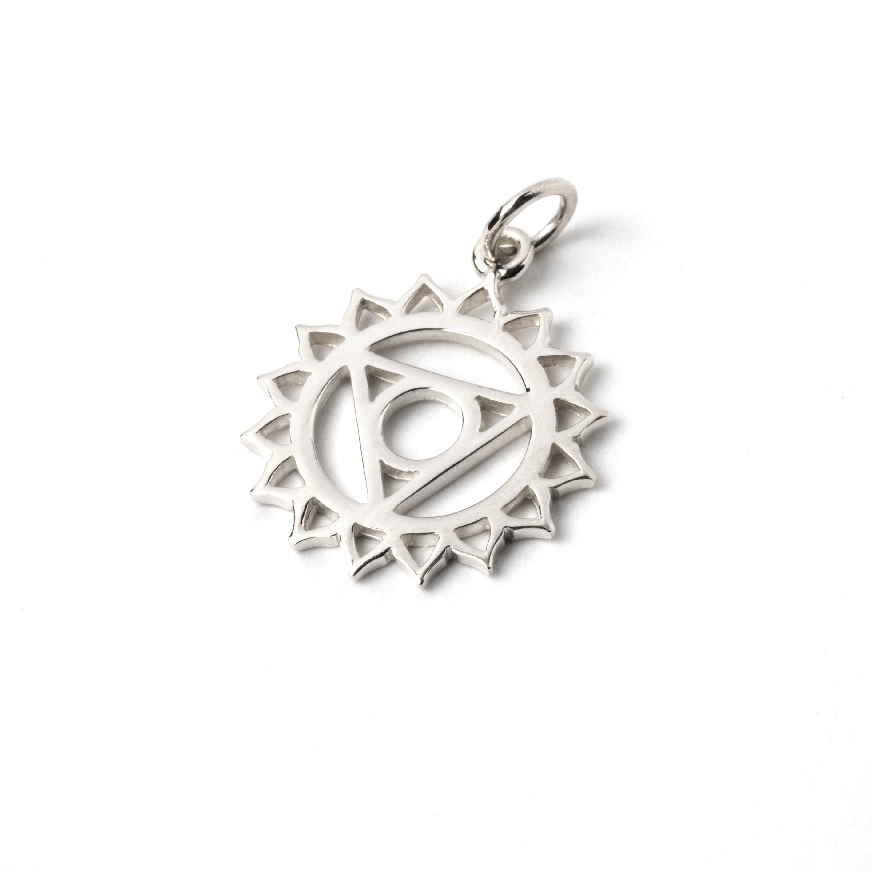 Sterling silver Throat Chakra charm necklace. The throat chakra is the fifth chakra out of seven in the body's energy system, recognised in yoga traditions and practices. This chakra reflects the aspects of self expression and communication. This Chakra charm is part of the seven chakras pendents collection, please check out our necklaces category to see more chakra pendents. Material: 925 sterling silver Dimensions : 22mm by 14mm Comes on a matching chain