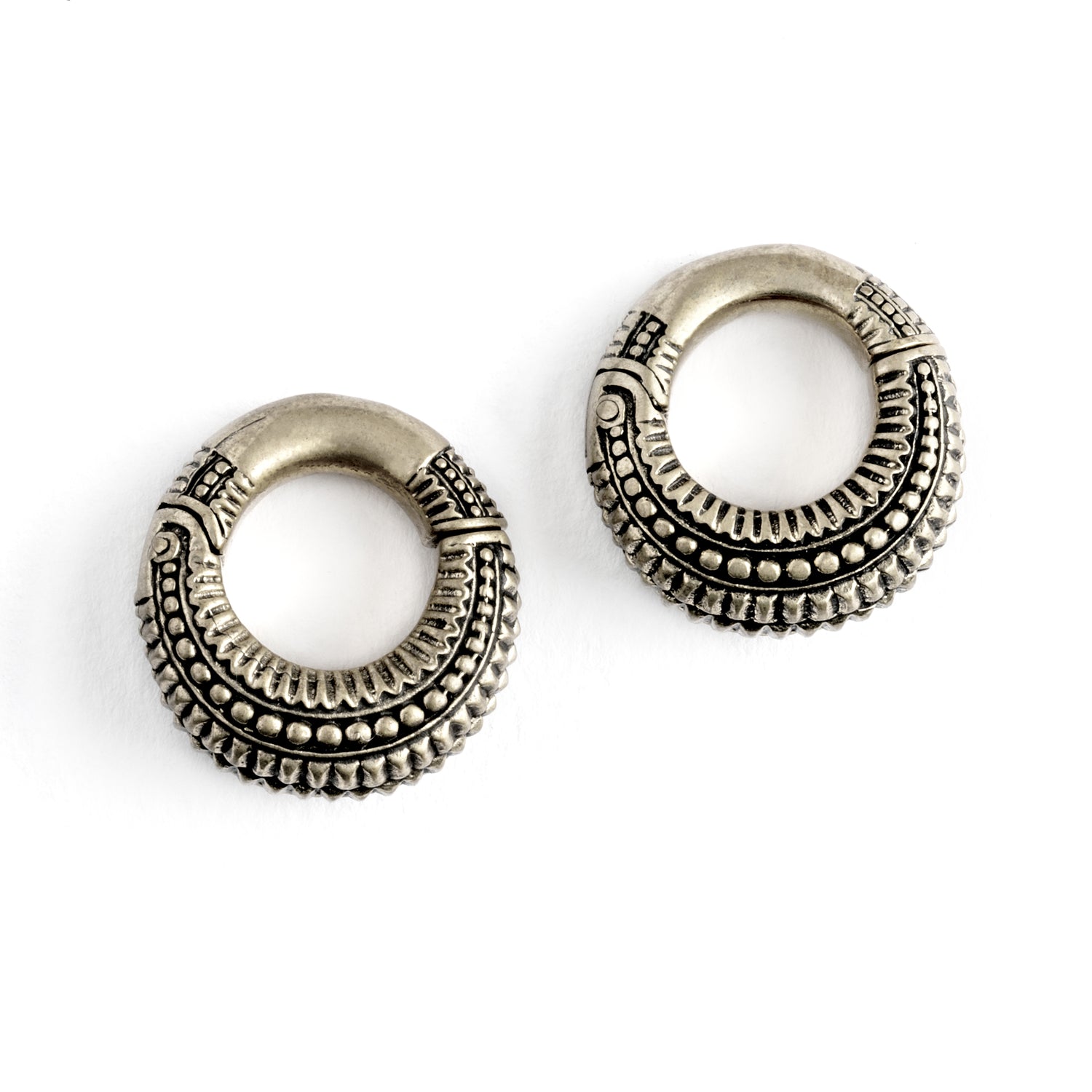 pair of 2g silver brass tribal ear weights hoops frontal view