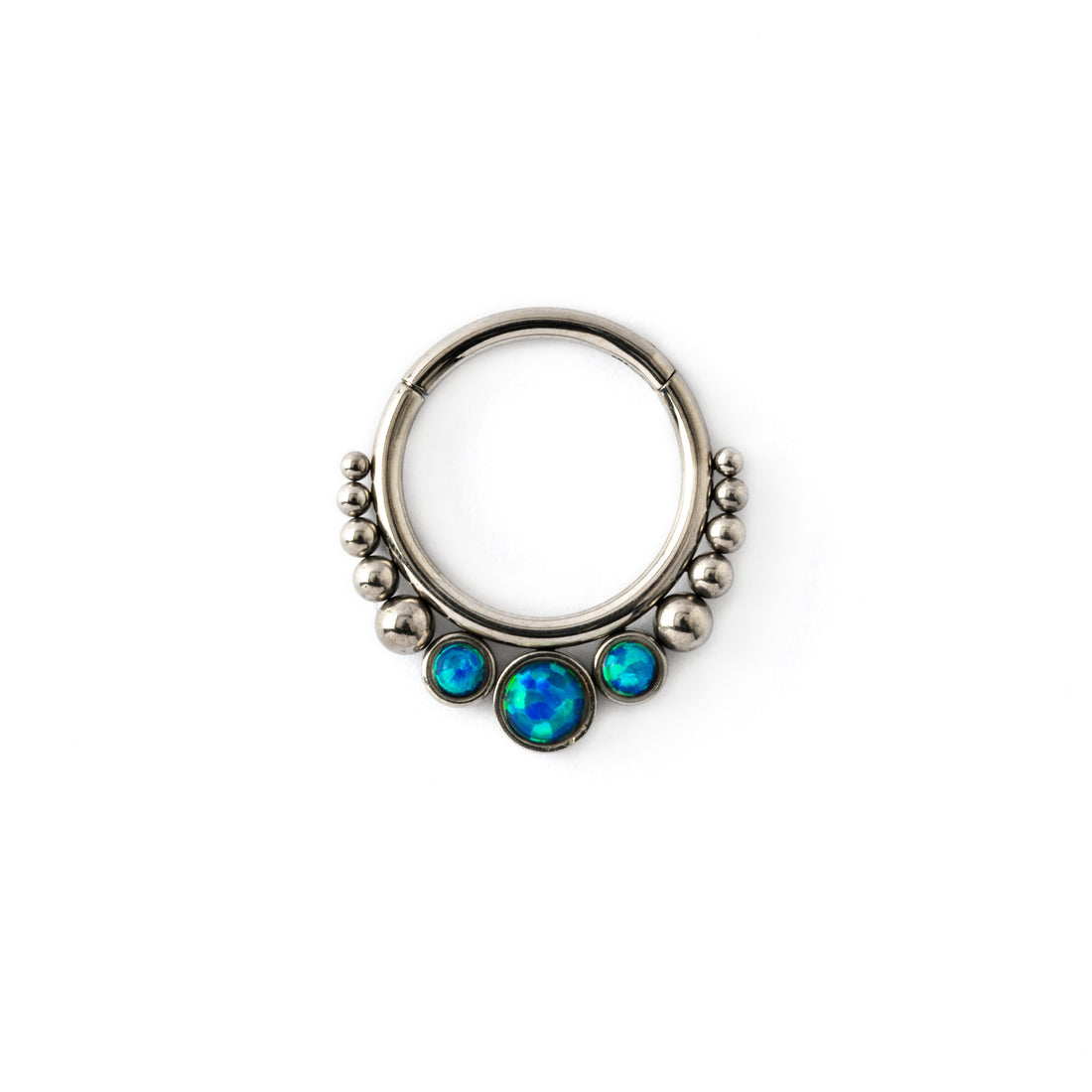 Siti septum clicker ring trio blue Opals frontal view