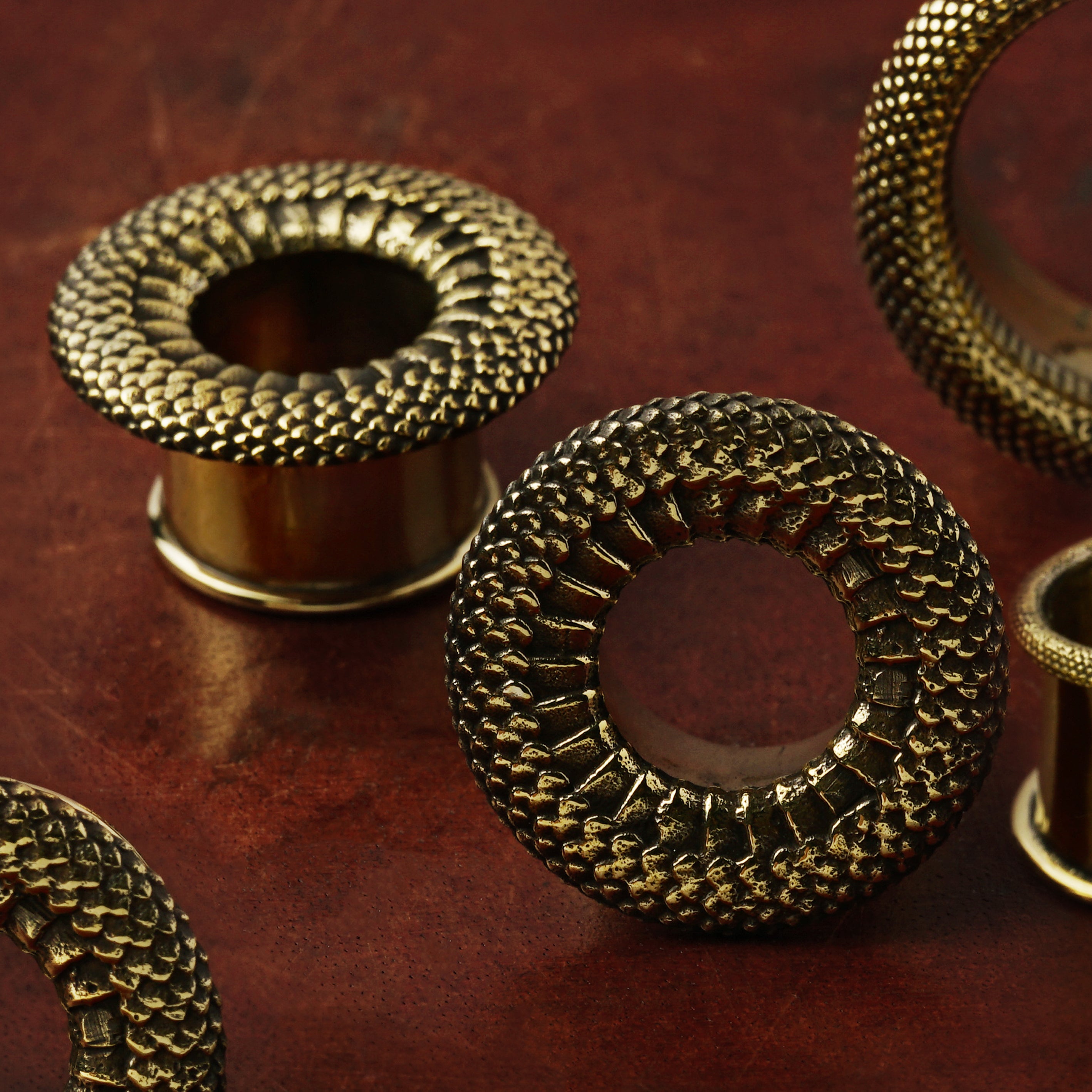 pair of golden brass snake skin plug tunnel close up view