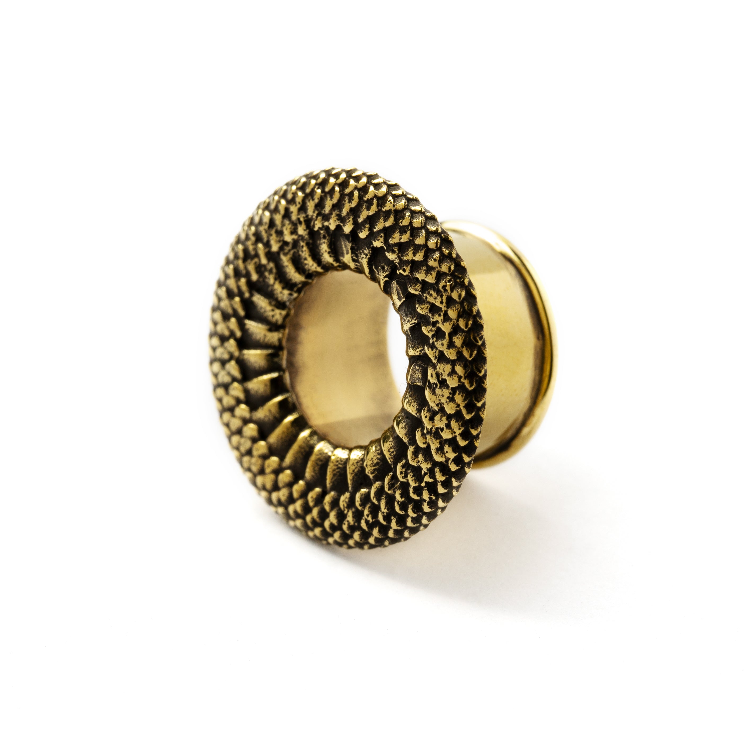 single golden brass snake skin plug tunnel left side view