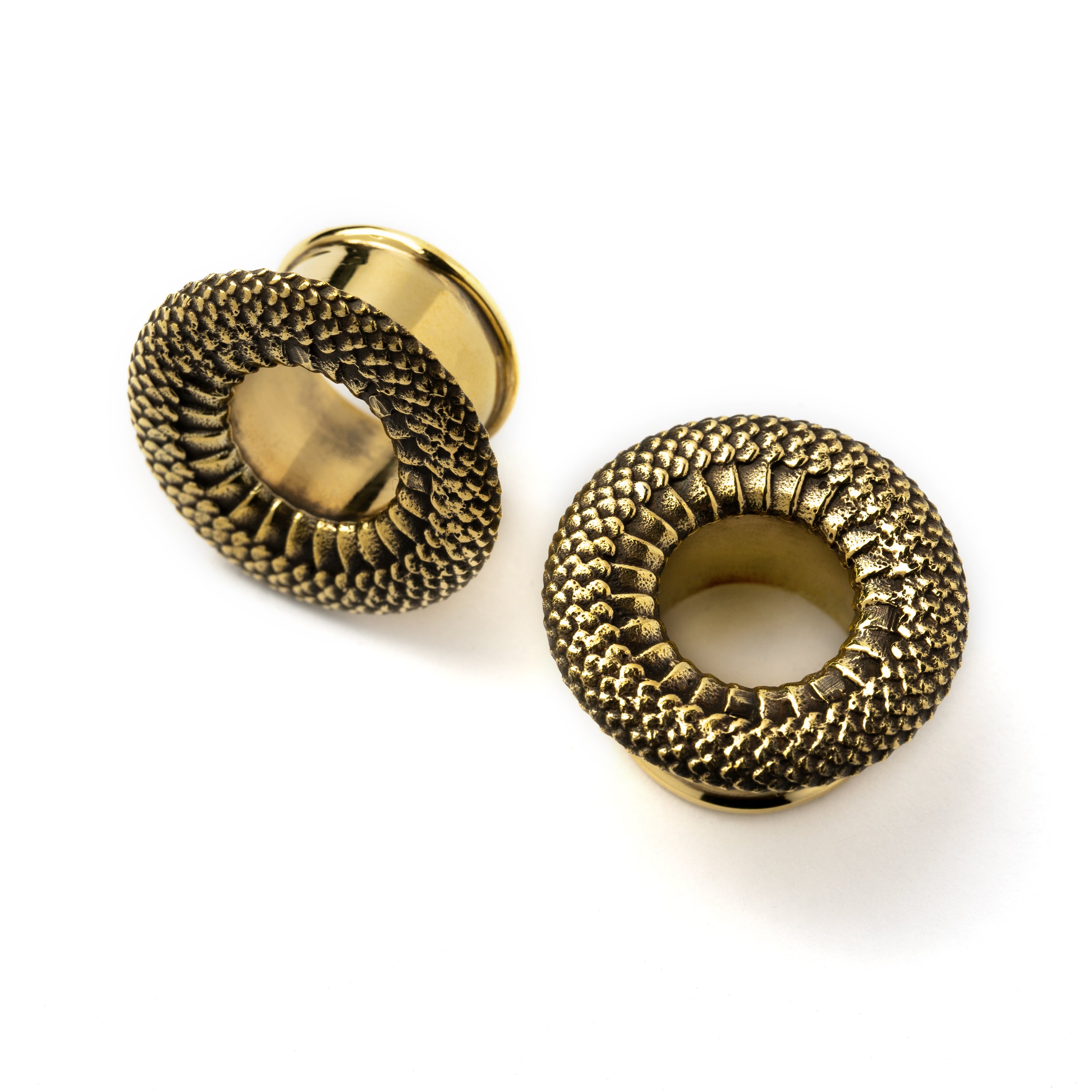 pair of golden brass snake skin plug tunnel