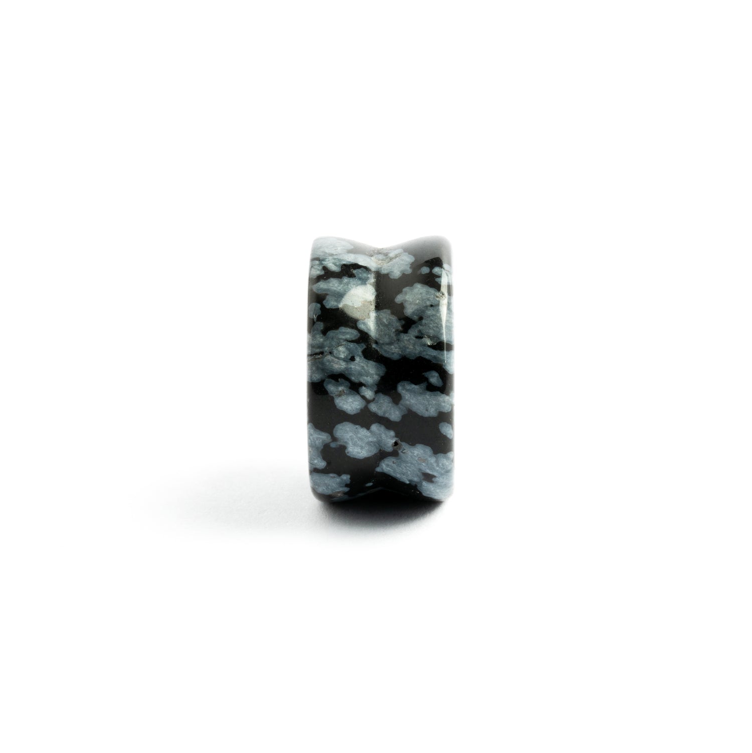 single double flare Snowflake Obsidian stone ear plug side view