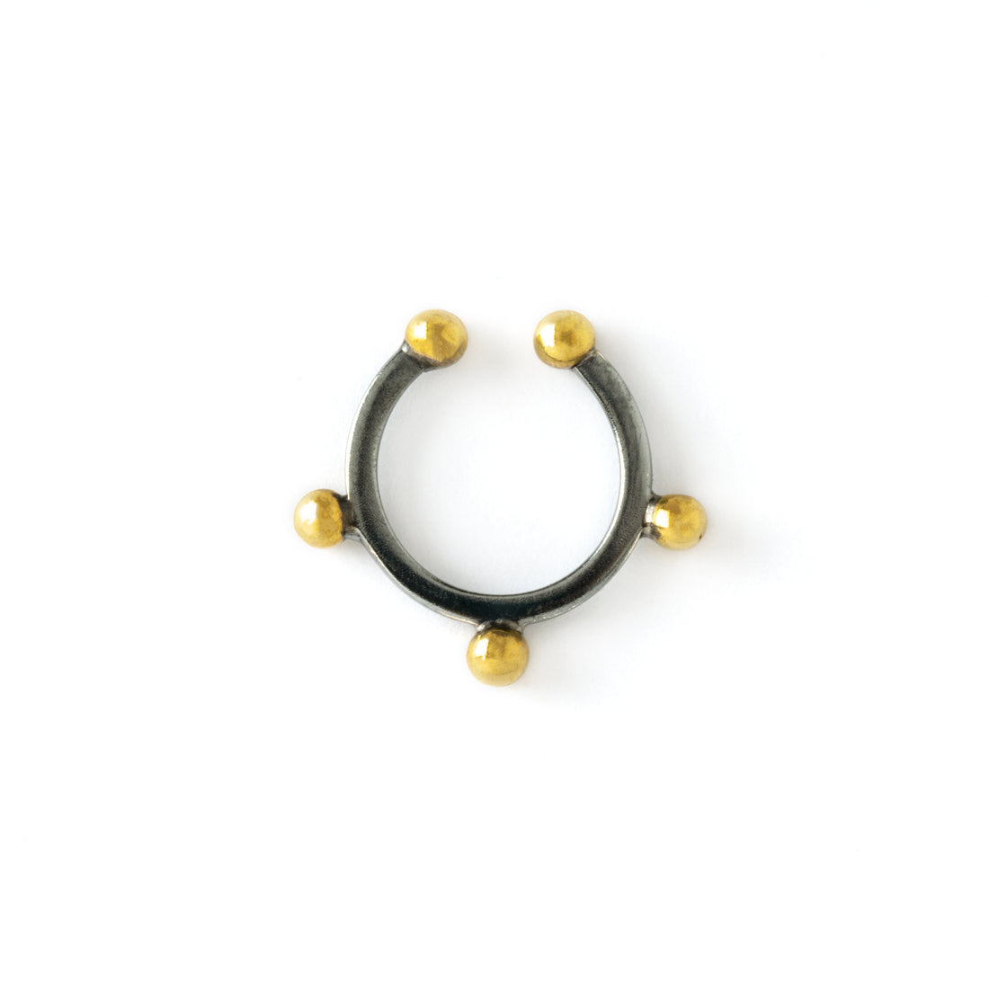 black oxidised silver ear cuff with five tiny golden spheres around the outer ring frontal view