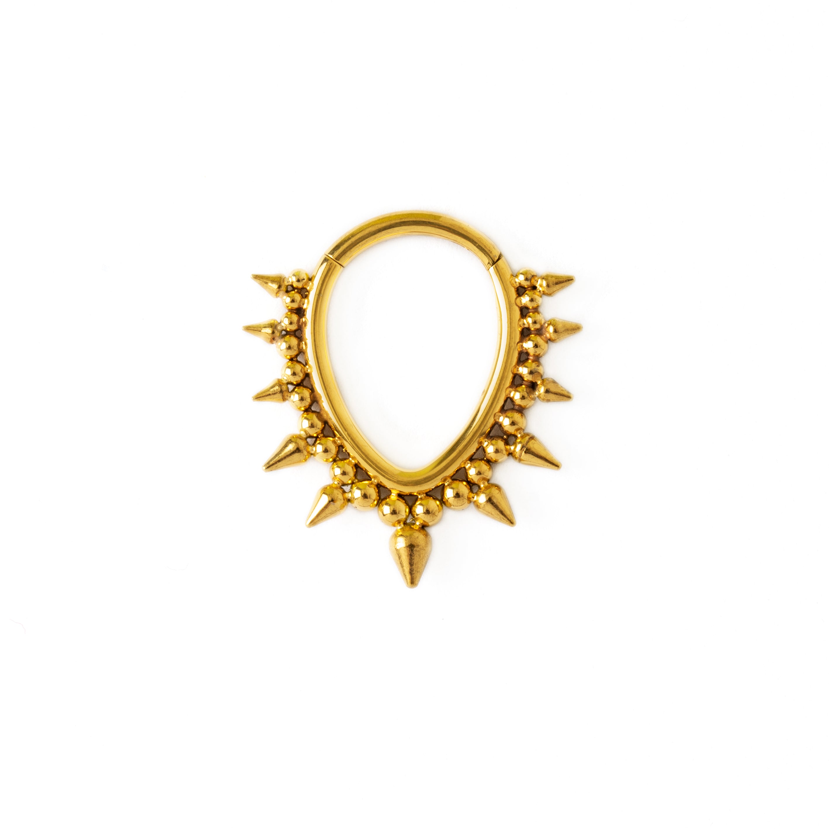 Spiky Brenna golden septum clicker frontal view