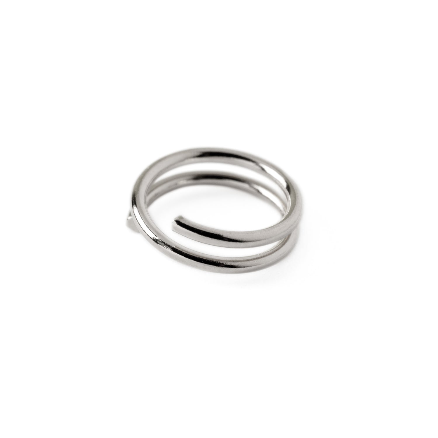 Spiralling sterling silver double nose ring side view