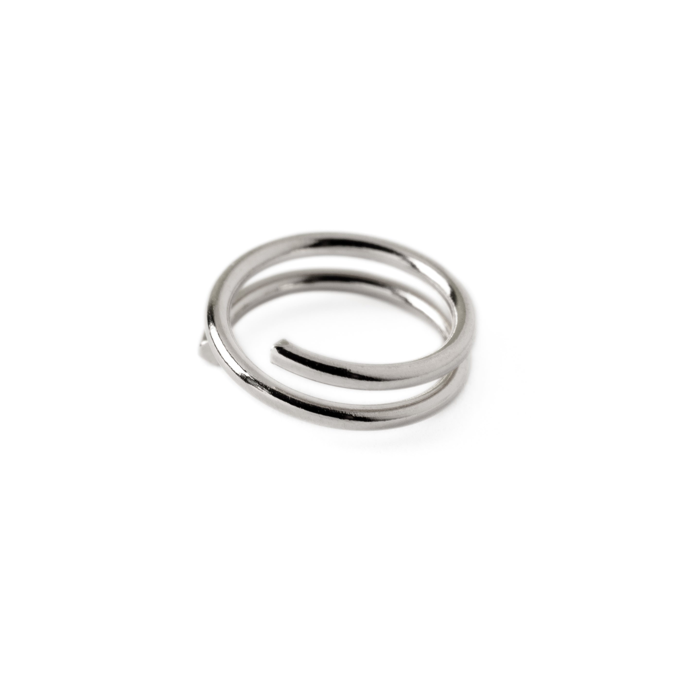 Spiralling sterling silver double nose ring side view