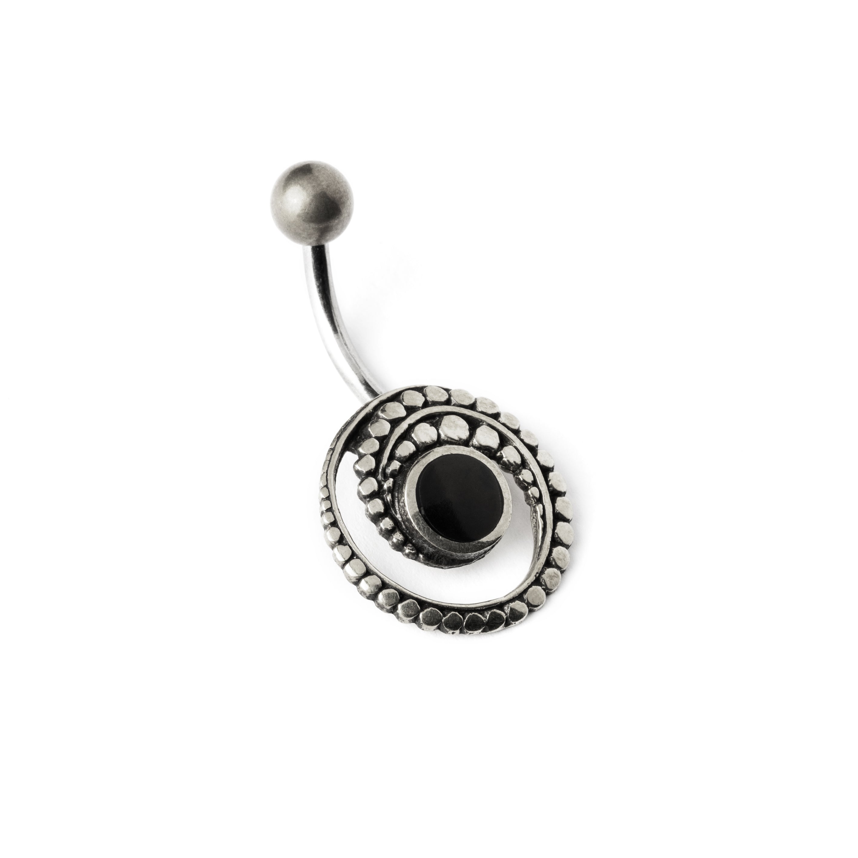 silver spiral belly piercing with black onyx shell left side view