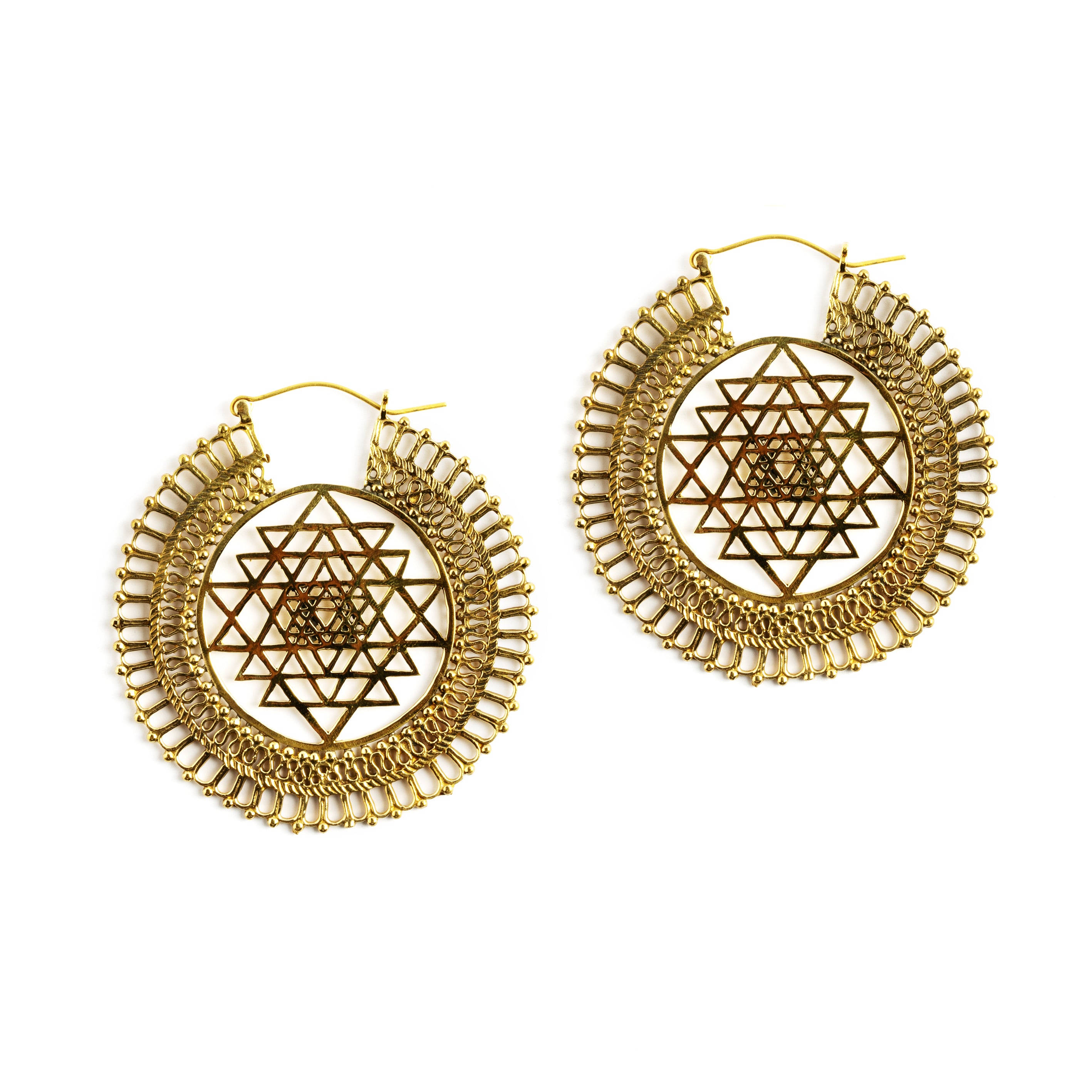 Sri Yantra Brass Hoops frontal view