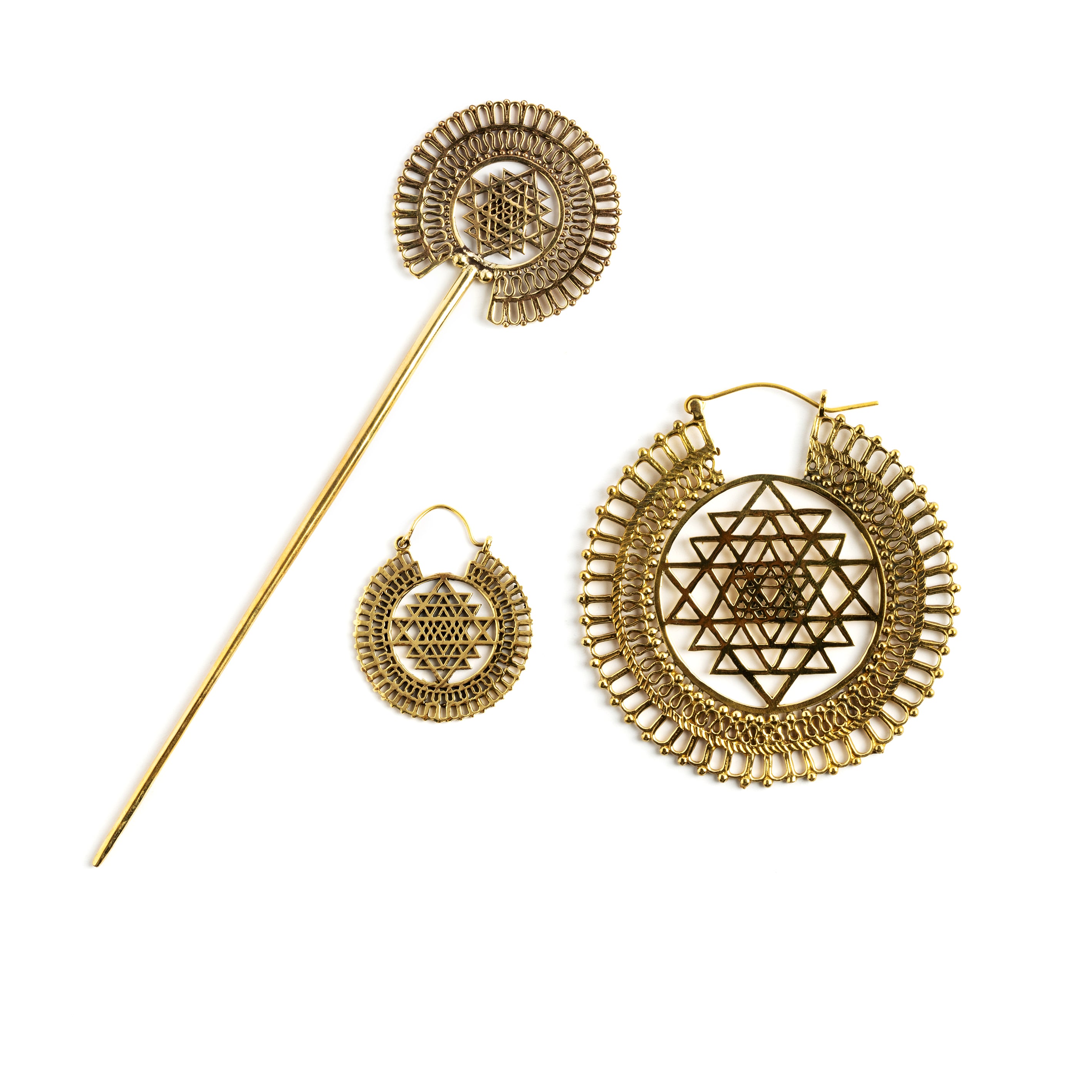 Sri Yantra Brass Hoops small and medium sizes and matching hair stick