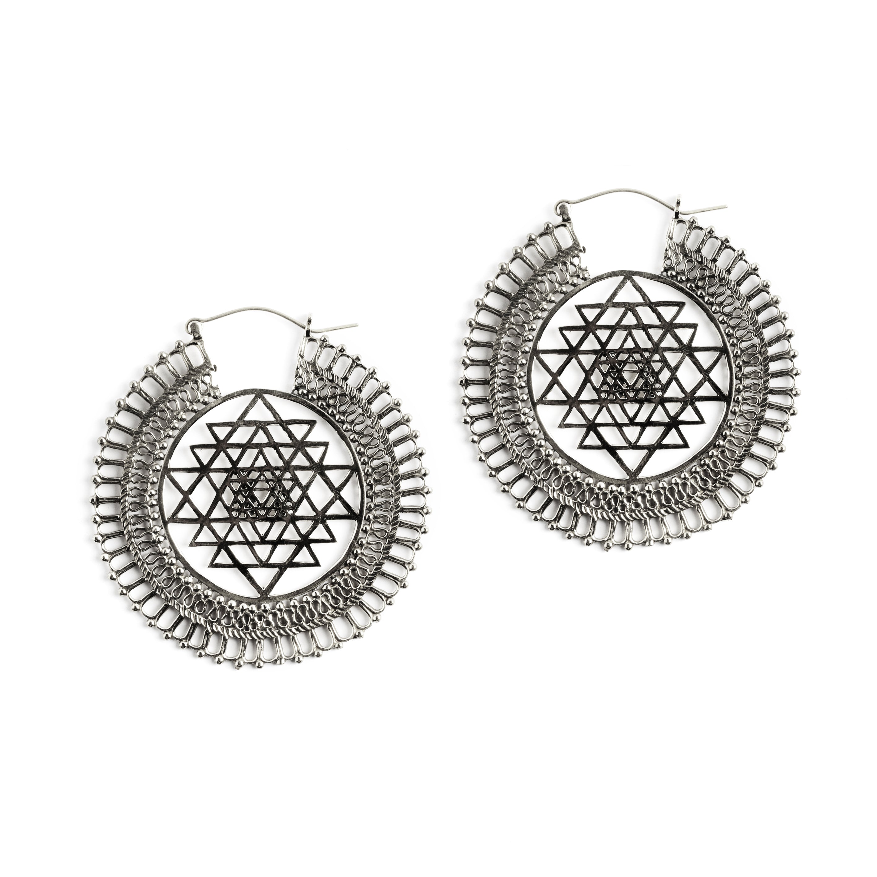 Sri Yantra Silver Hoops earrings frontal view